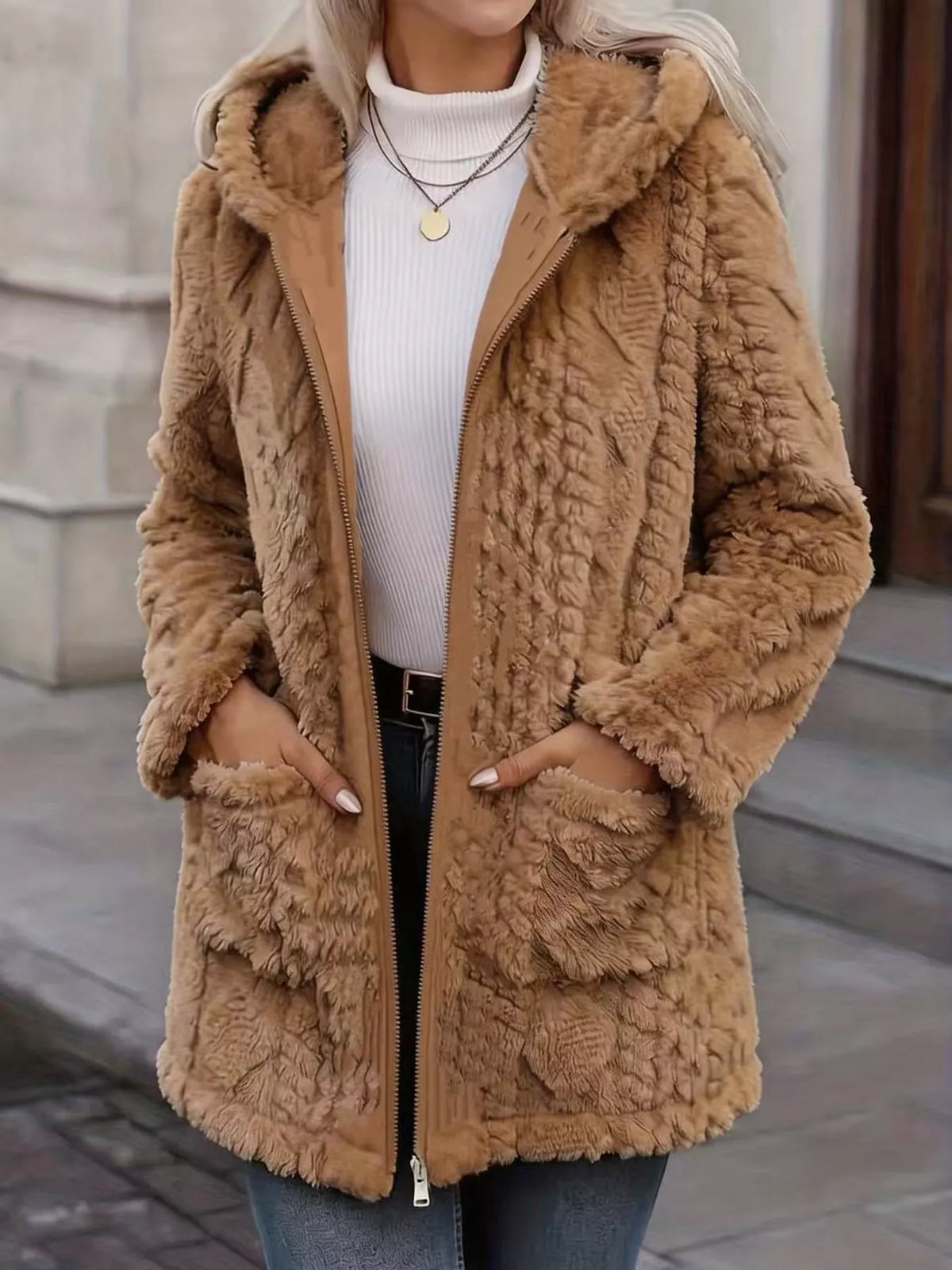 Dark Brown faux fur hooded zip-up jacket