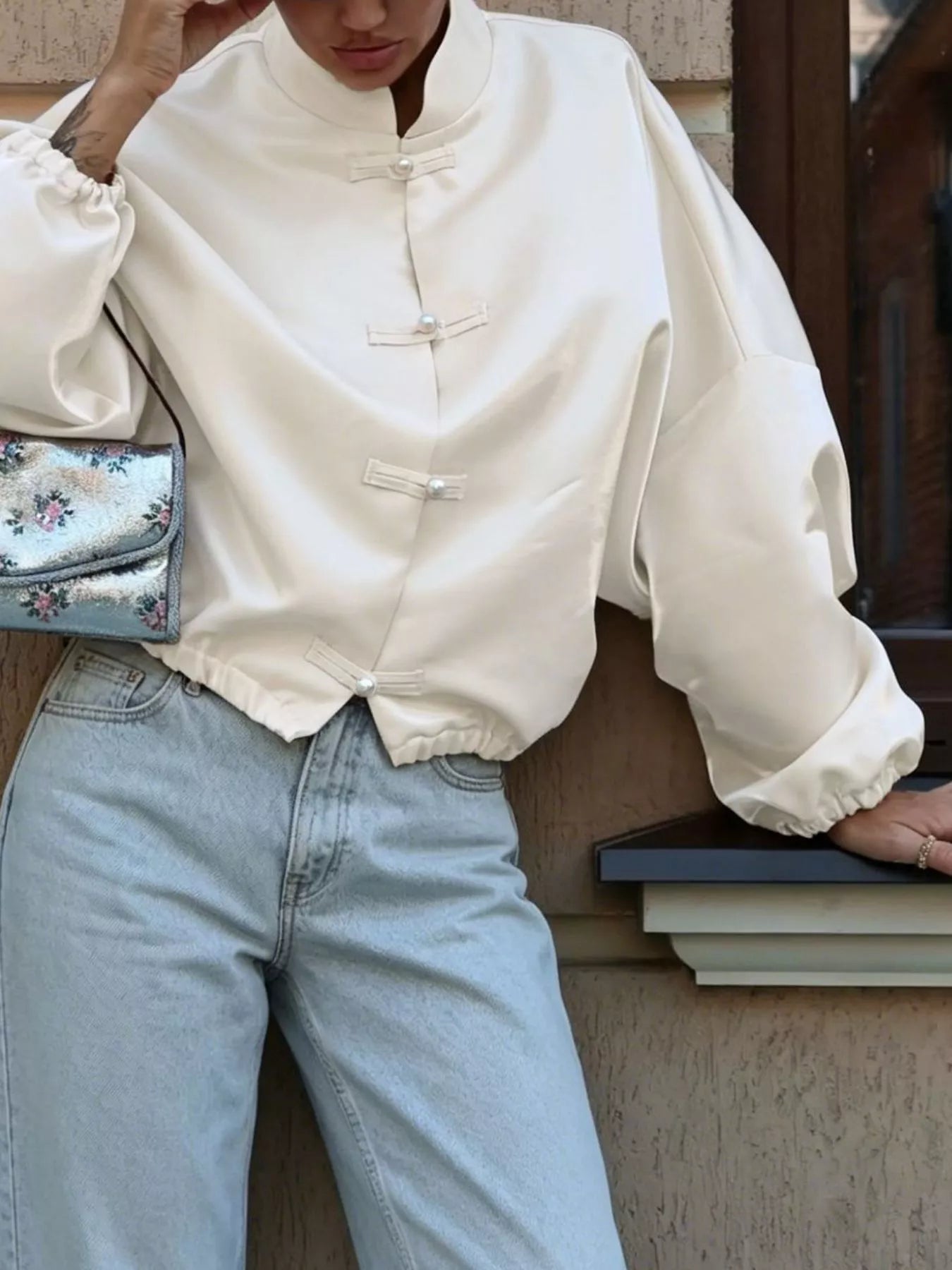Trendsi Mandarin Collar Pearl Button Shacket -