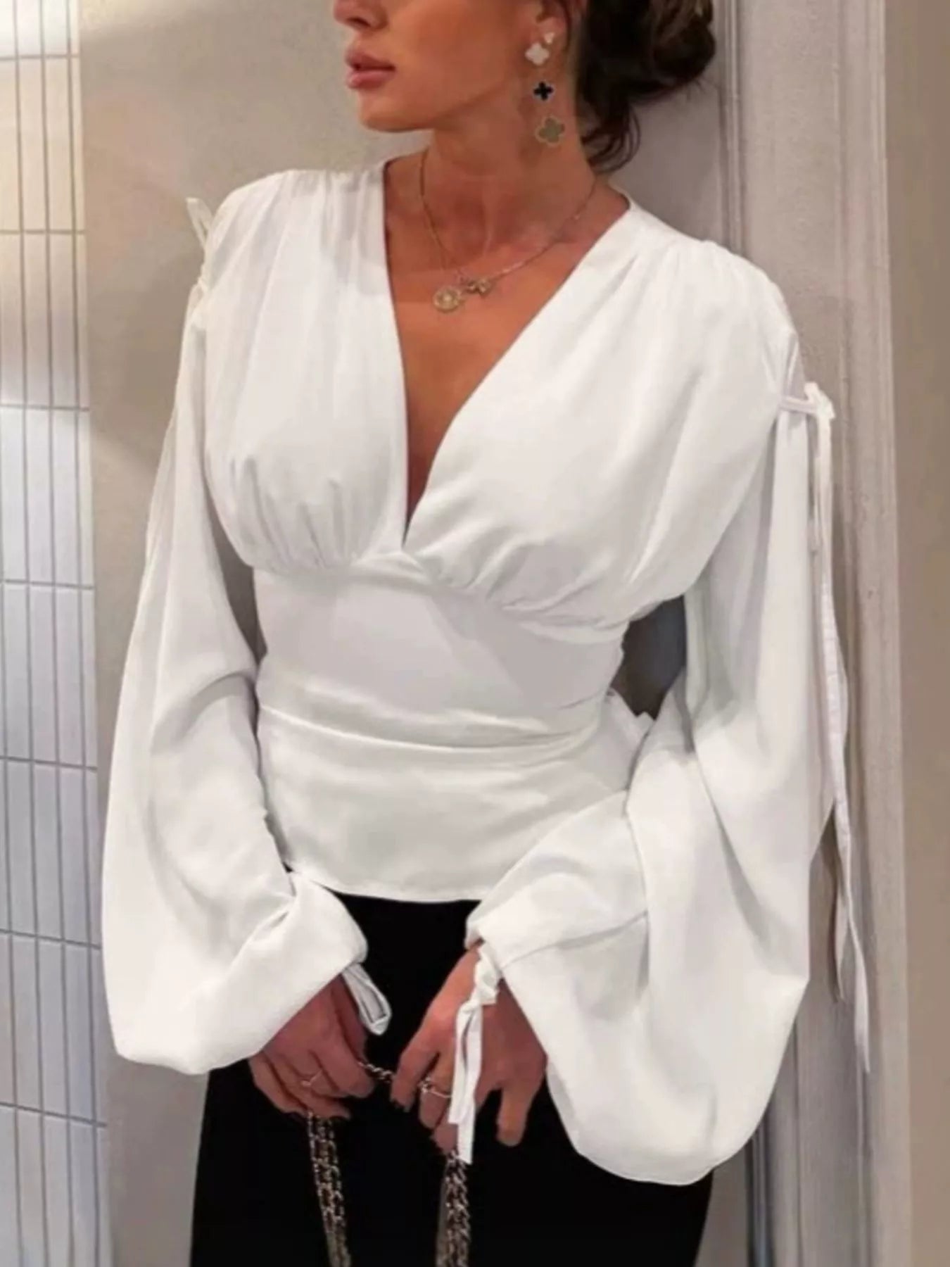 Trendsi Tied V-Neck Balloon Sleeve Blouse -