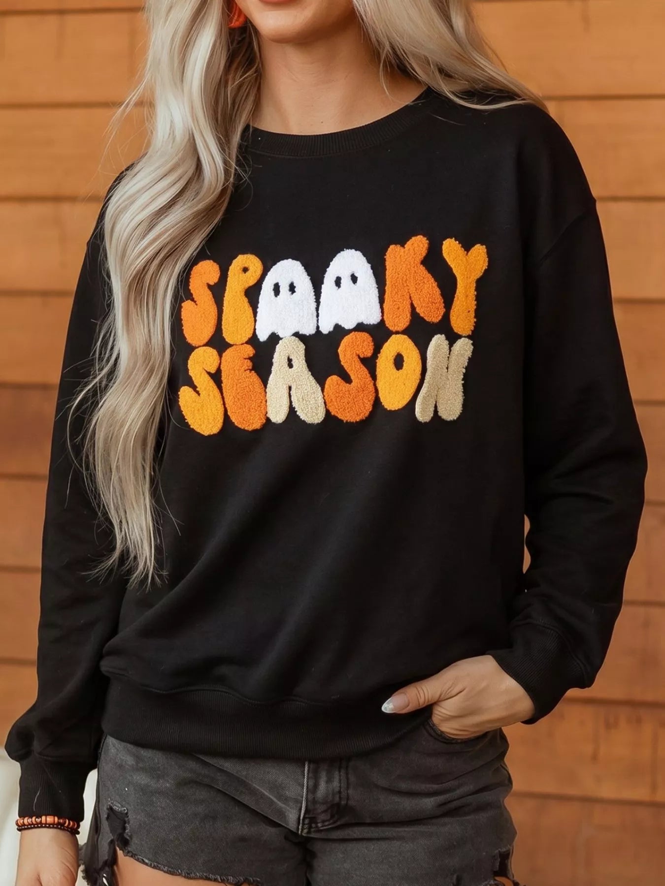 Trendsi Embroidered Spooky Season Long Sleeve Round Neck Sweatshirt -