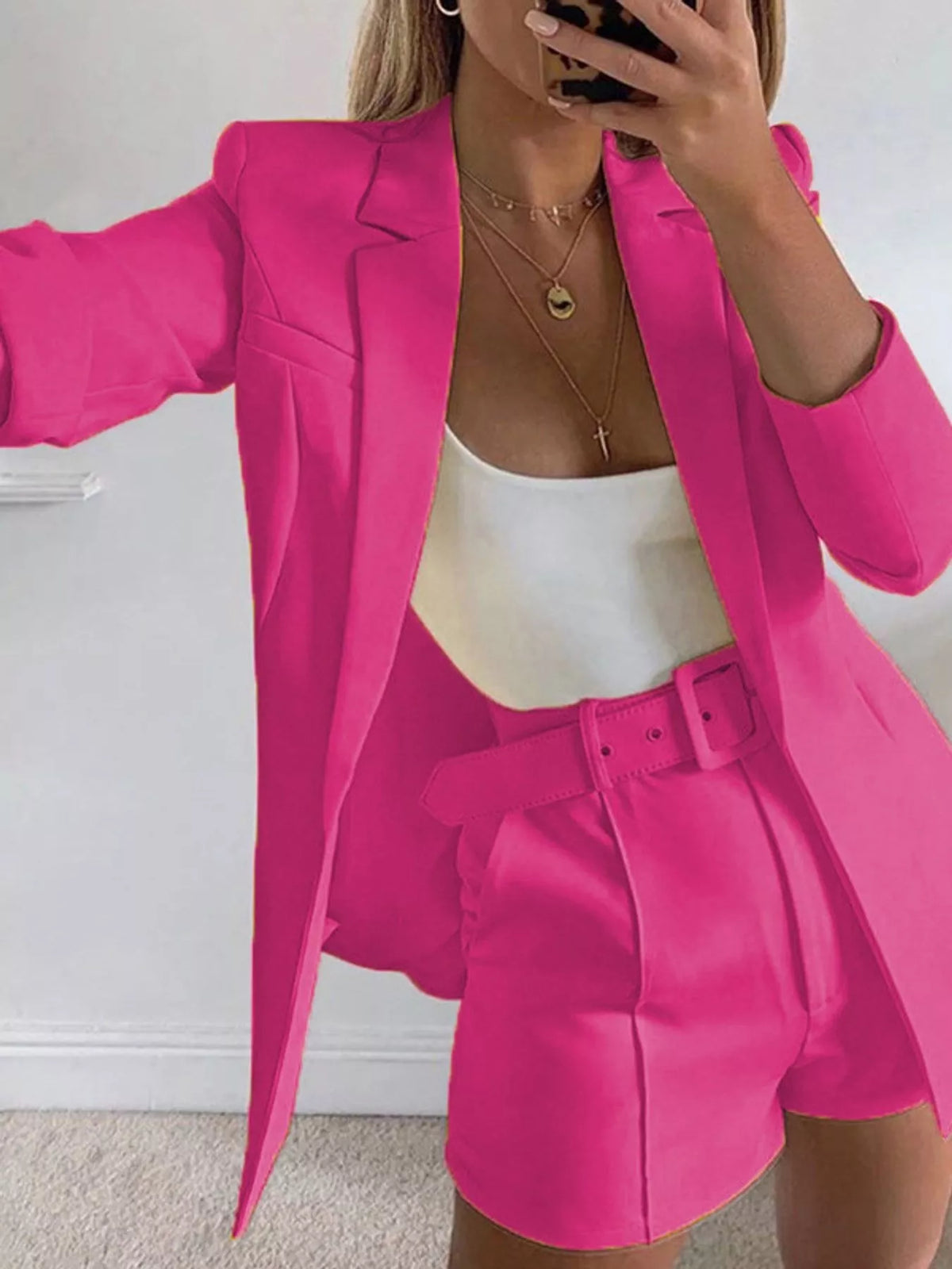 Collared long sleeve outfit set, front view on model