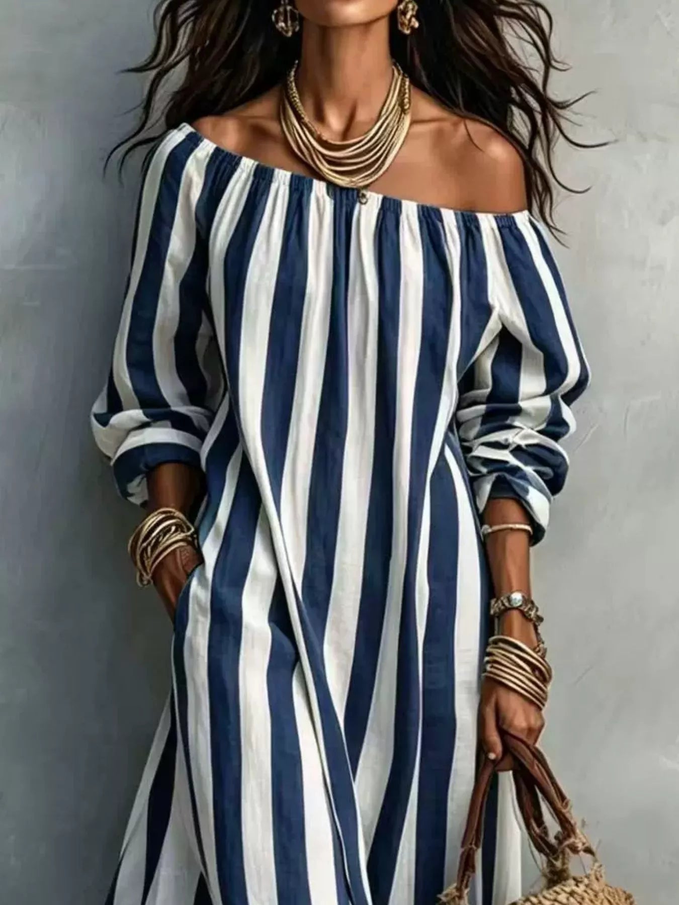 Trendsi Off-Shoulder Striped Dress with Pockets -