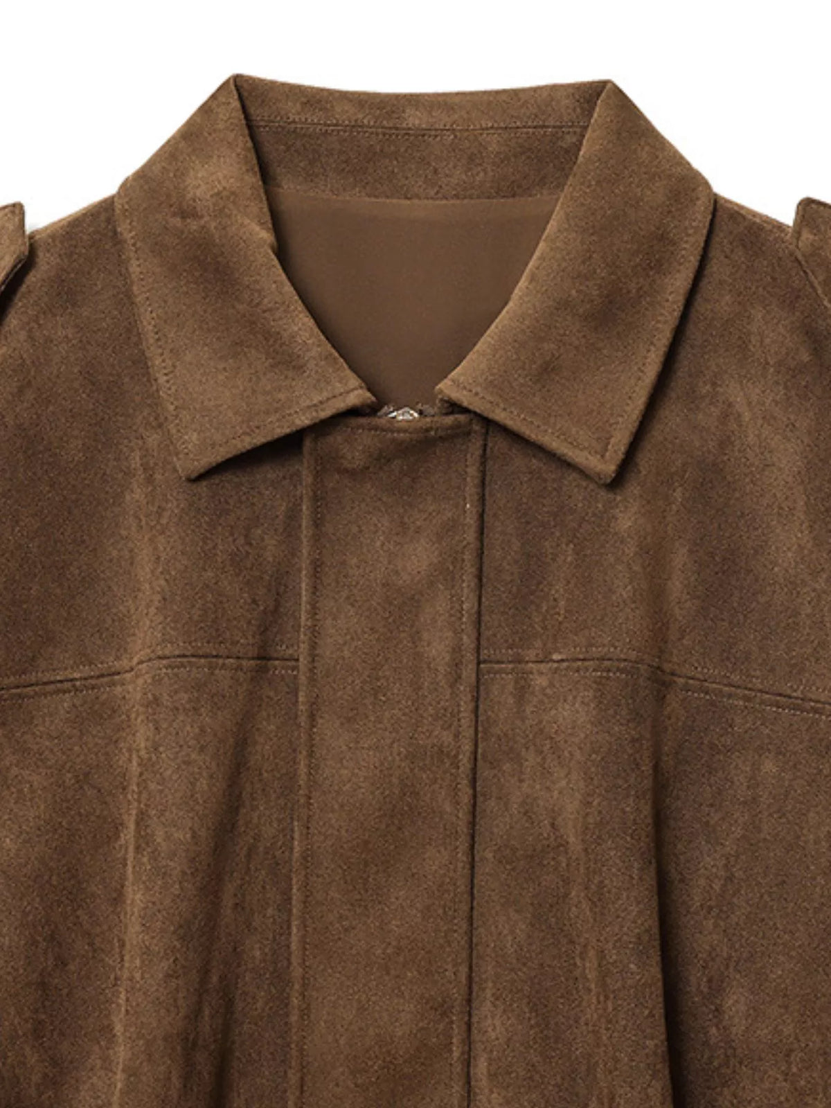 Faux Suede Collared Bomber Jacket — garment construction details