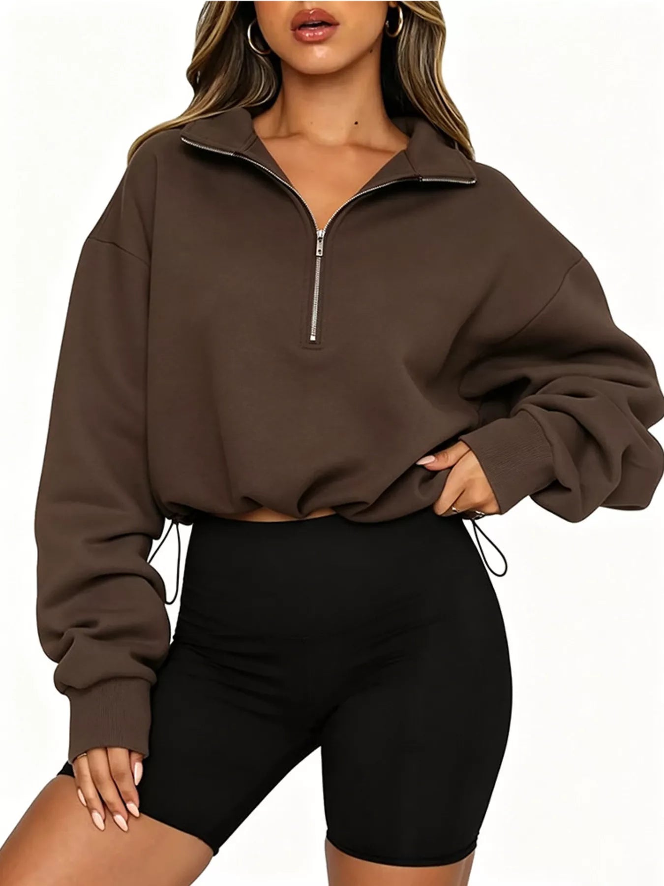 Trendsi Half Zip Drawstring Hem Sweatshirt -