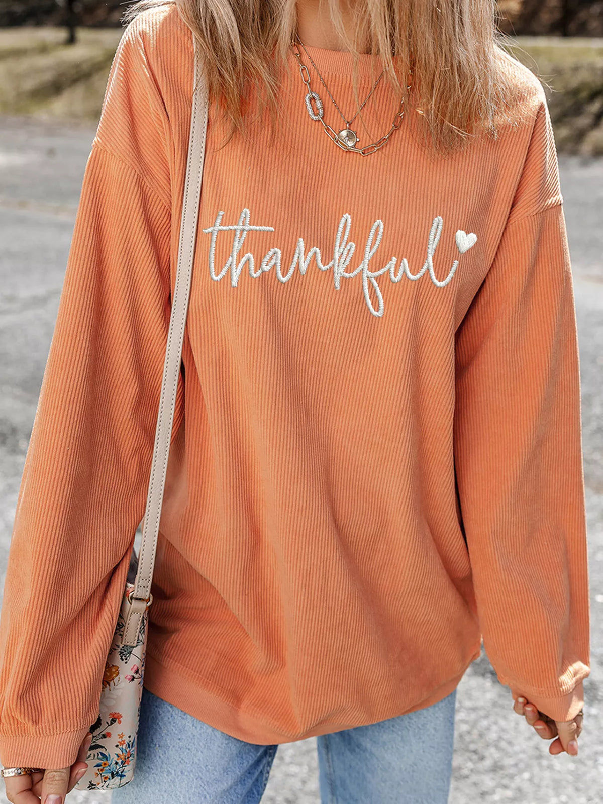 Thankful Embroidered Corded Crewneck Sweatshirt, front view