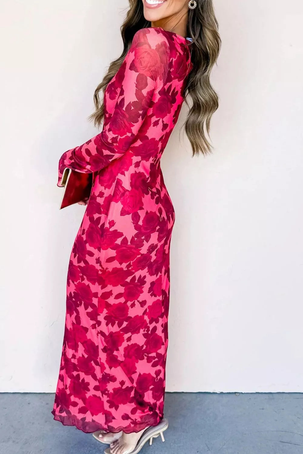 Trendsi Floral Print Cuff Hem Serging Long Sleeve Sheath Dress -