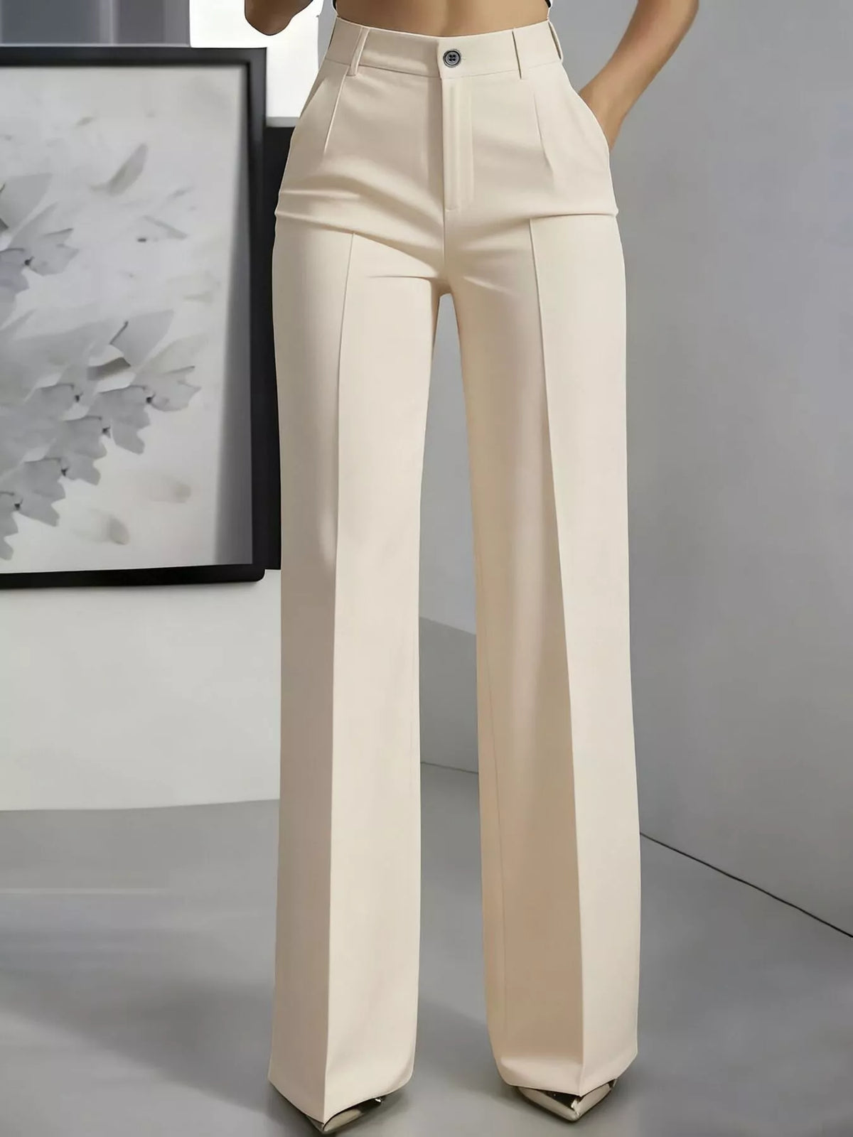Cream high-waisted wide-leg pants, front view