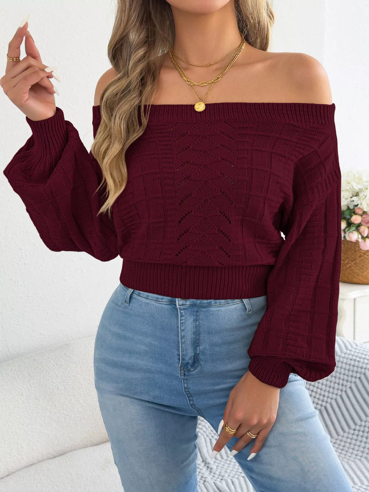 Burgundy off-shoulder openwork cropped sweater