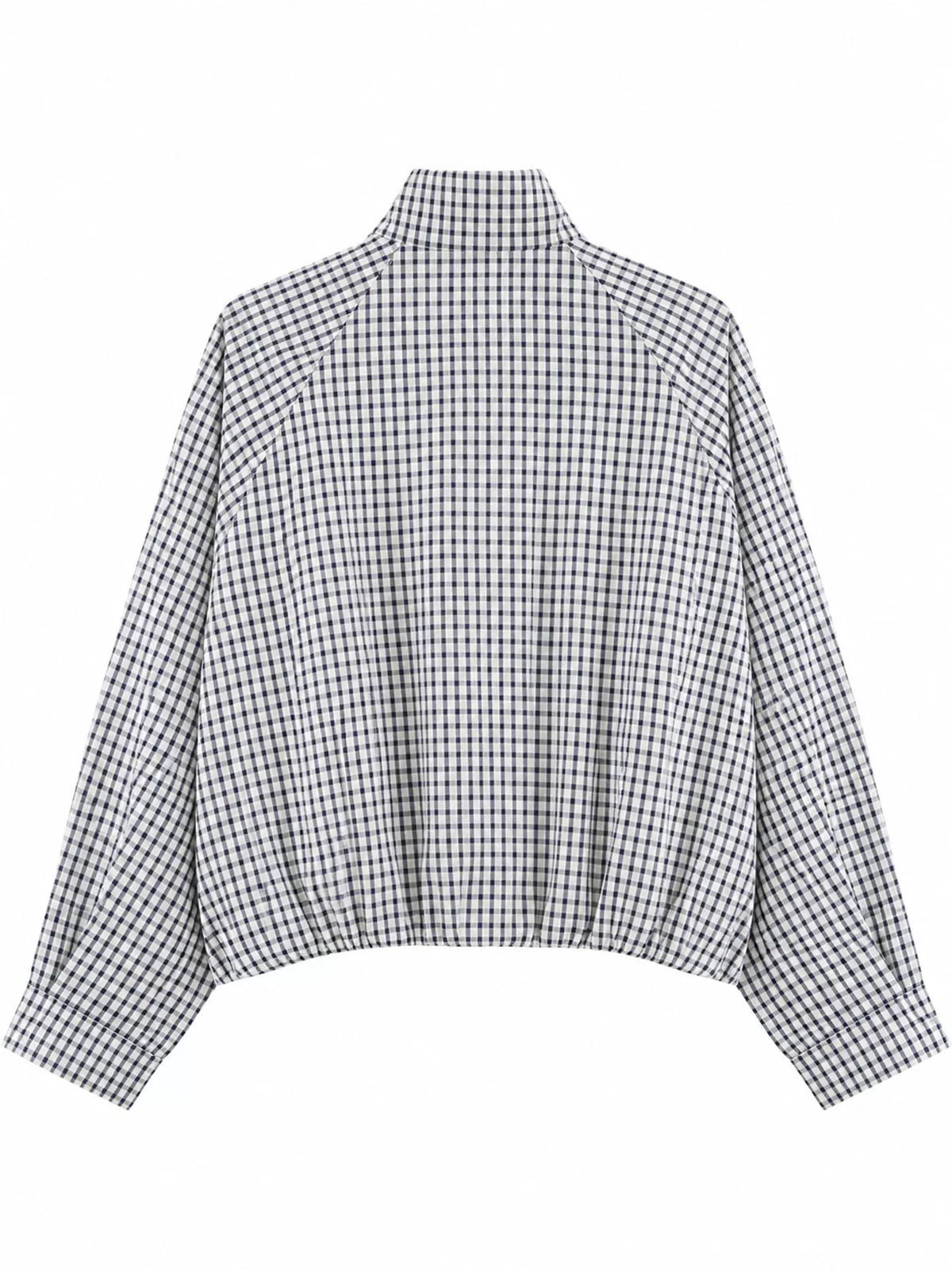 Navy Plaid plaid stand-collar cropped jacket, back view