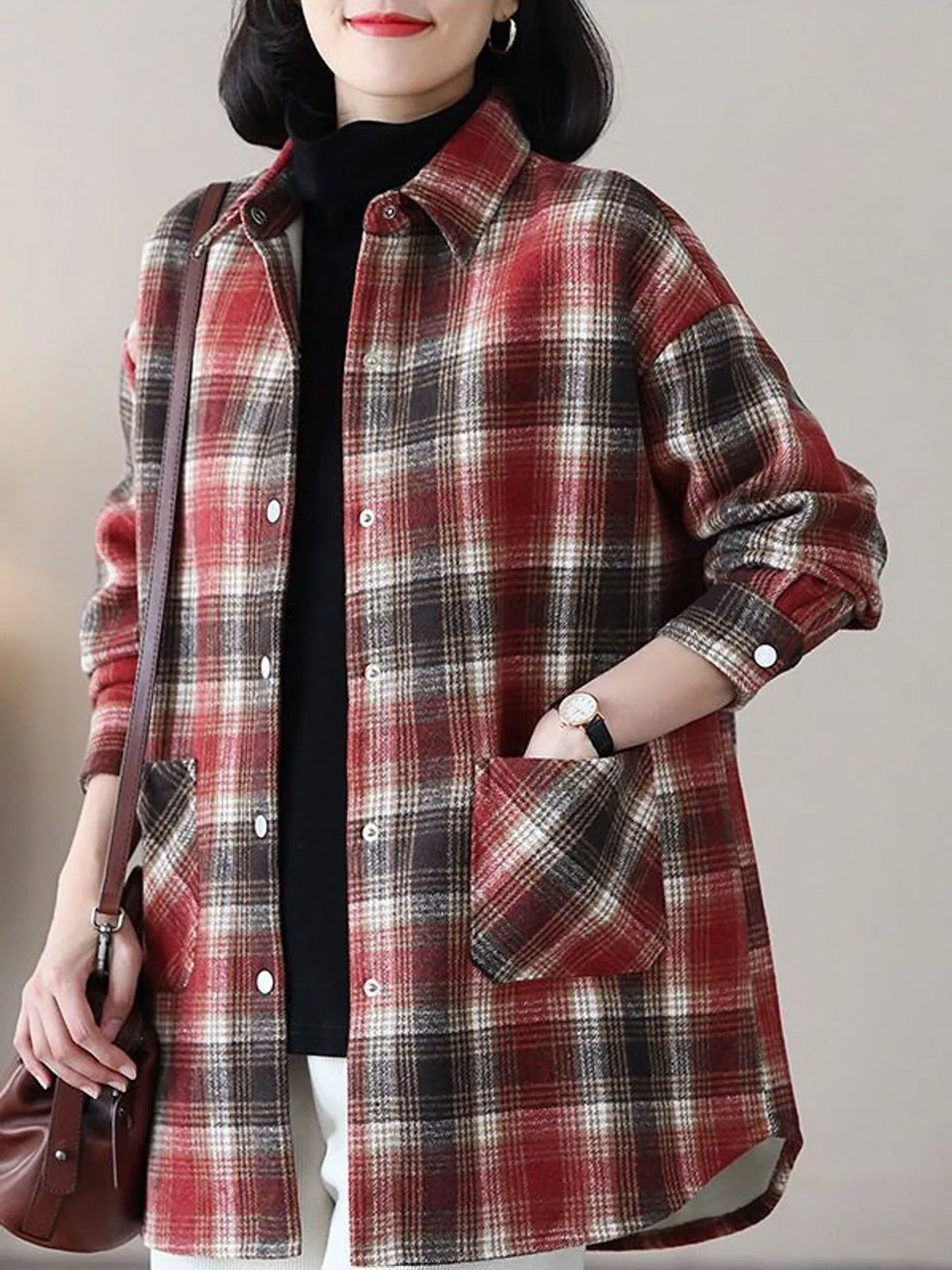 Red oversized plaid fleece-lined brushed shirt