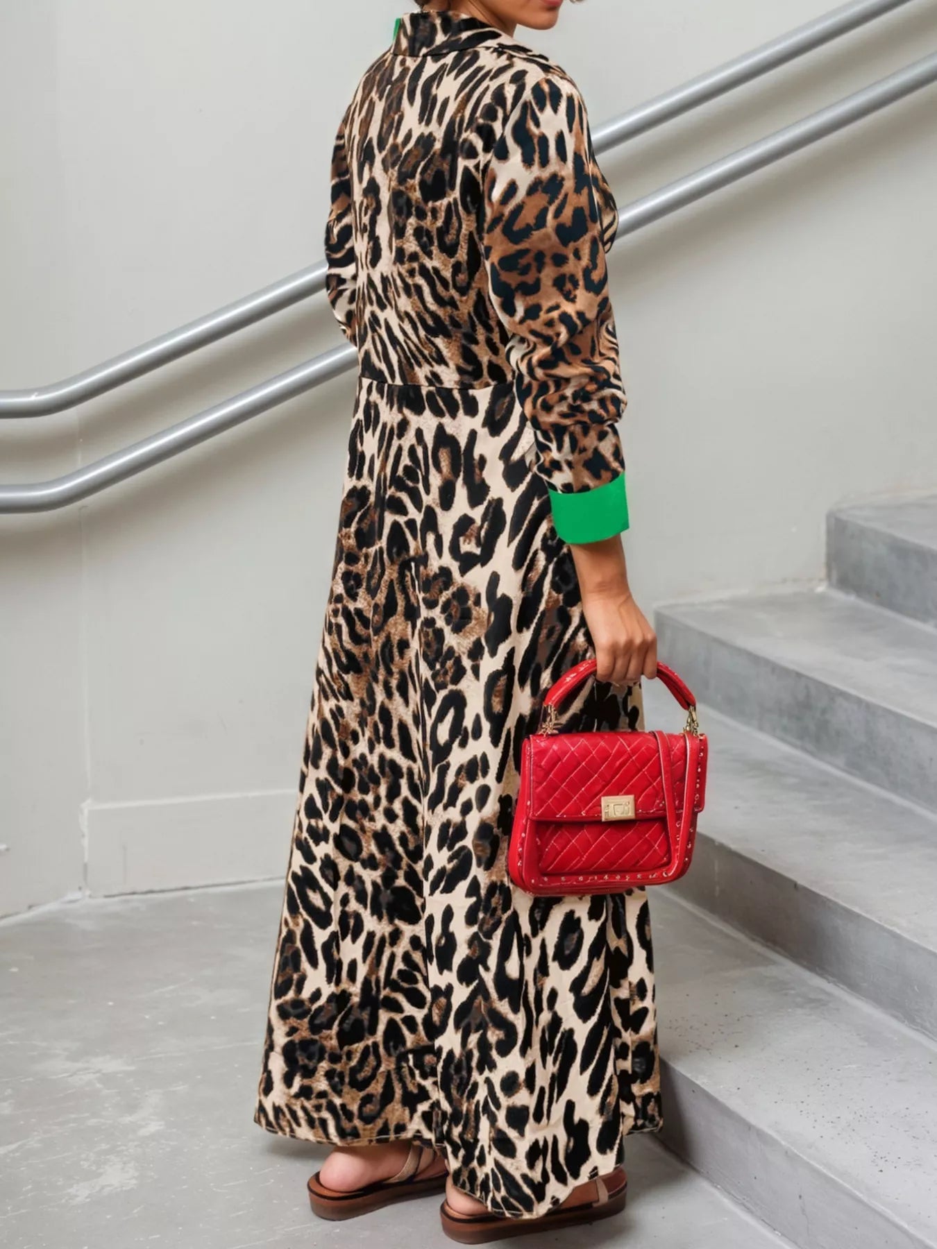 Trendsi Leopard Print Long Sleeve Shirt Dress with Contrast Trim -