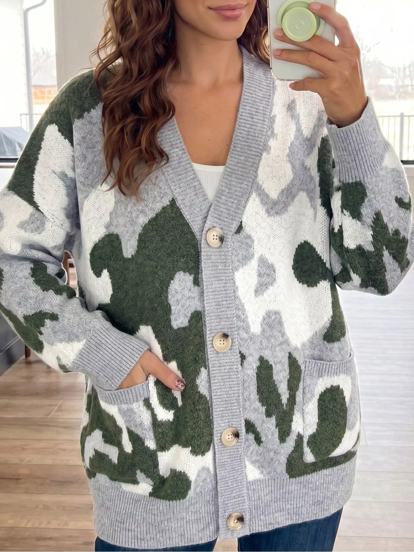 Trendsi Camouflage Drop Shoulder V Neck Button Front Cardigan -