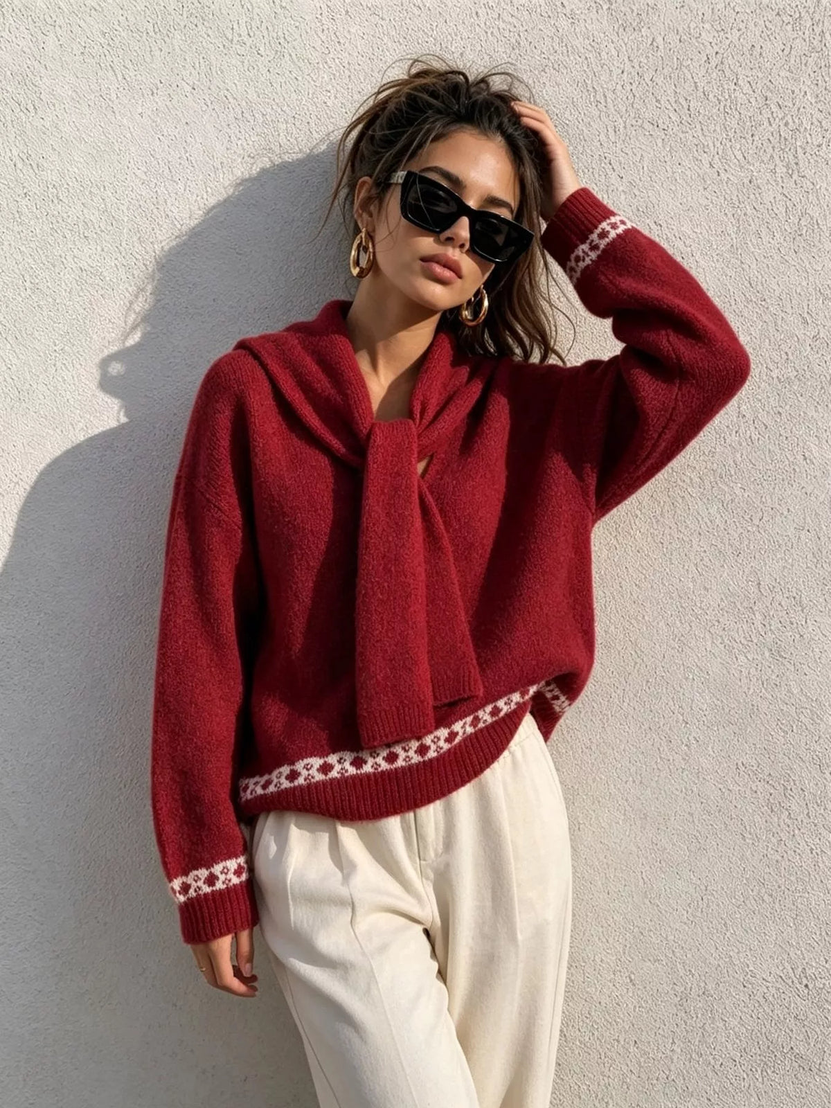 Red scarf-detail dropped-shoulder sweater, front with raised hand.