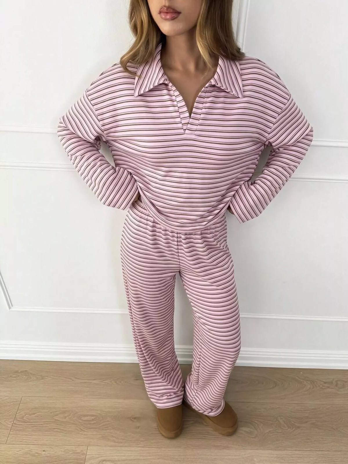 Striped Polo Top and Wide-Leg Pants Set, front view