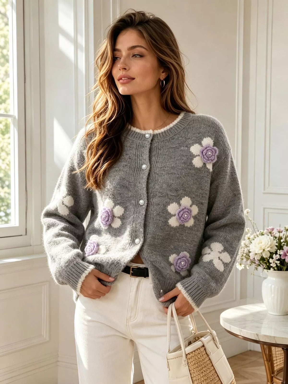 Floral-applique knit cardigan in gray, front view looking sideways
