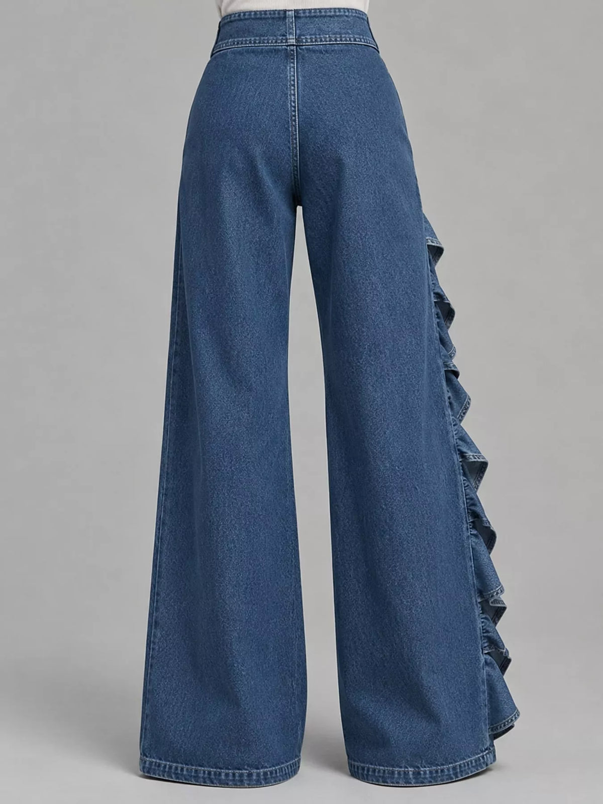 Asymmetrical Ruffled Wide-Leg Jeans, back view in blue