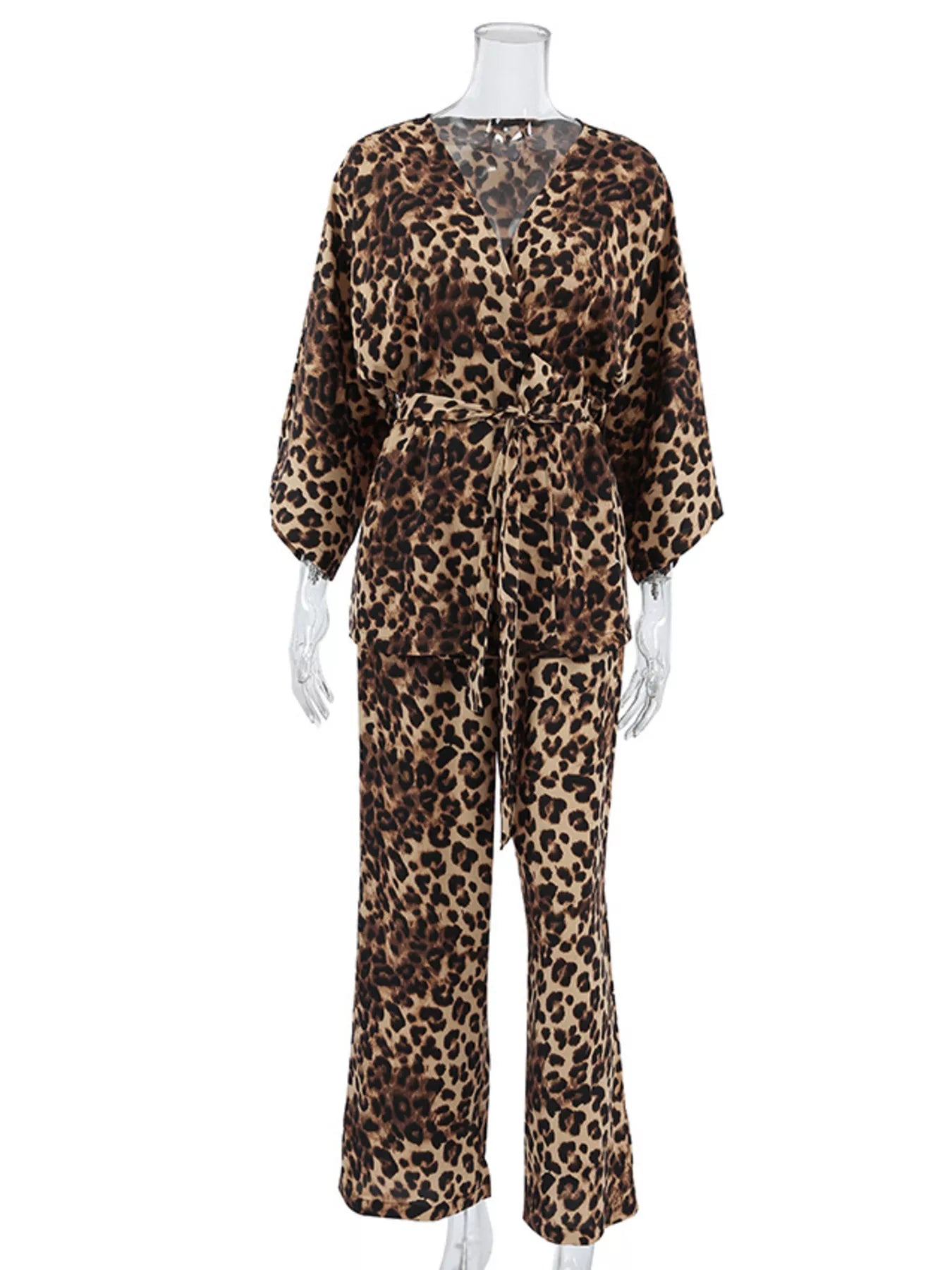 Trendsi Leopard Cardigan and Wide Leg Pants Lounge Set -