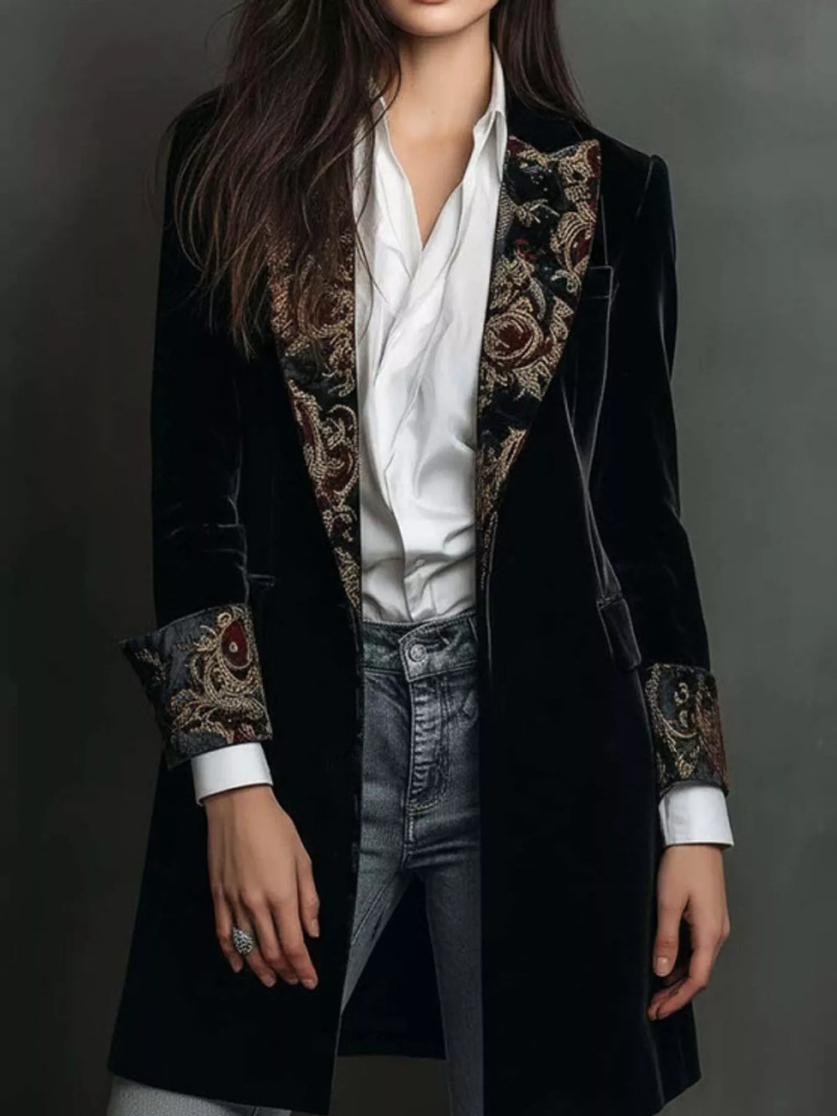 Black (with Lining) floral lapels and cuffs velvet blazer