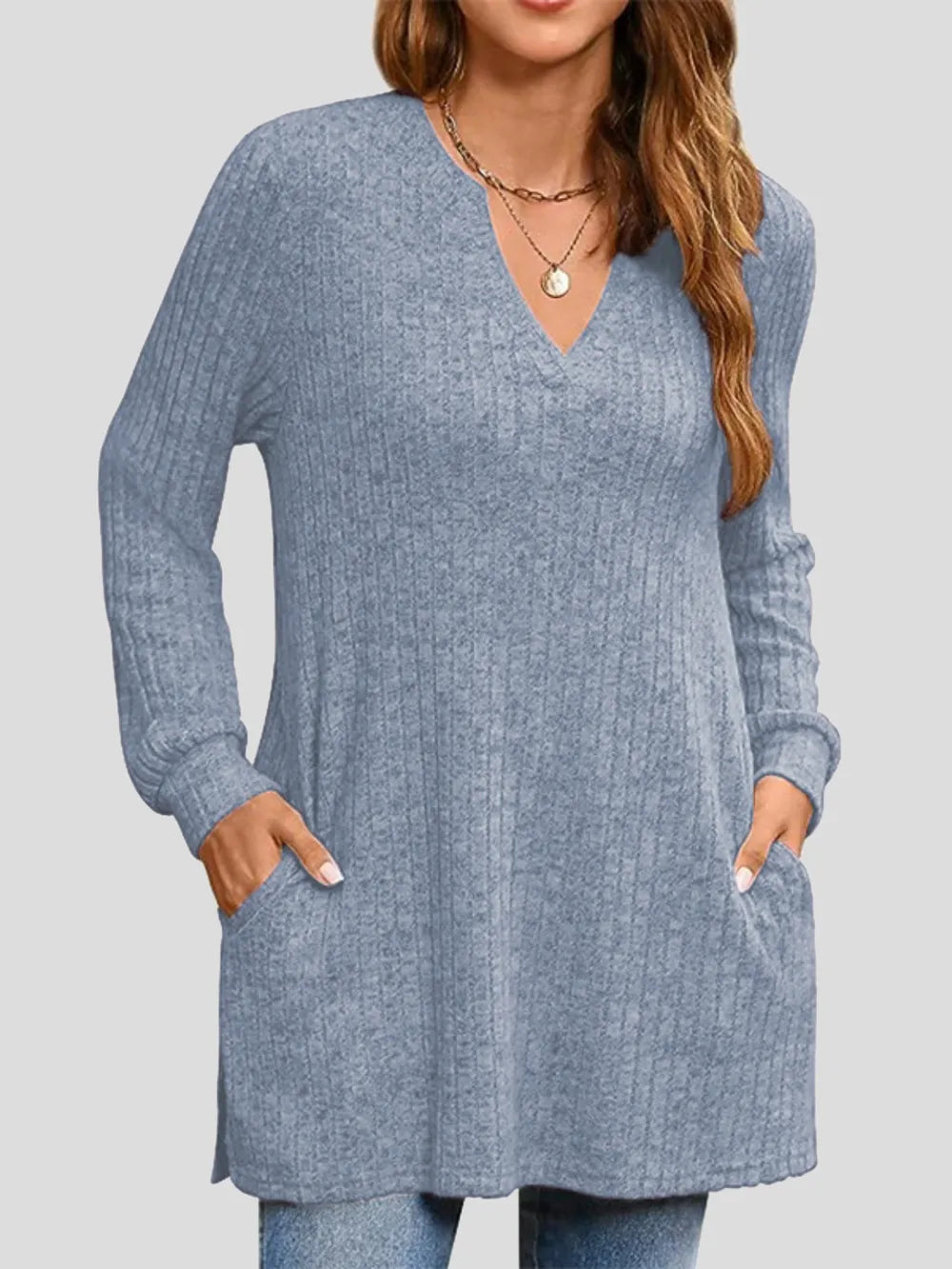Trendsi Ribbed Notched Long Sleeve T-Shirt -
