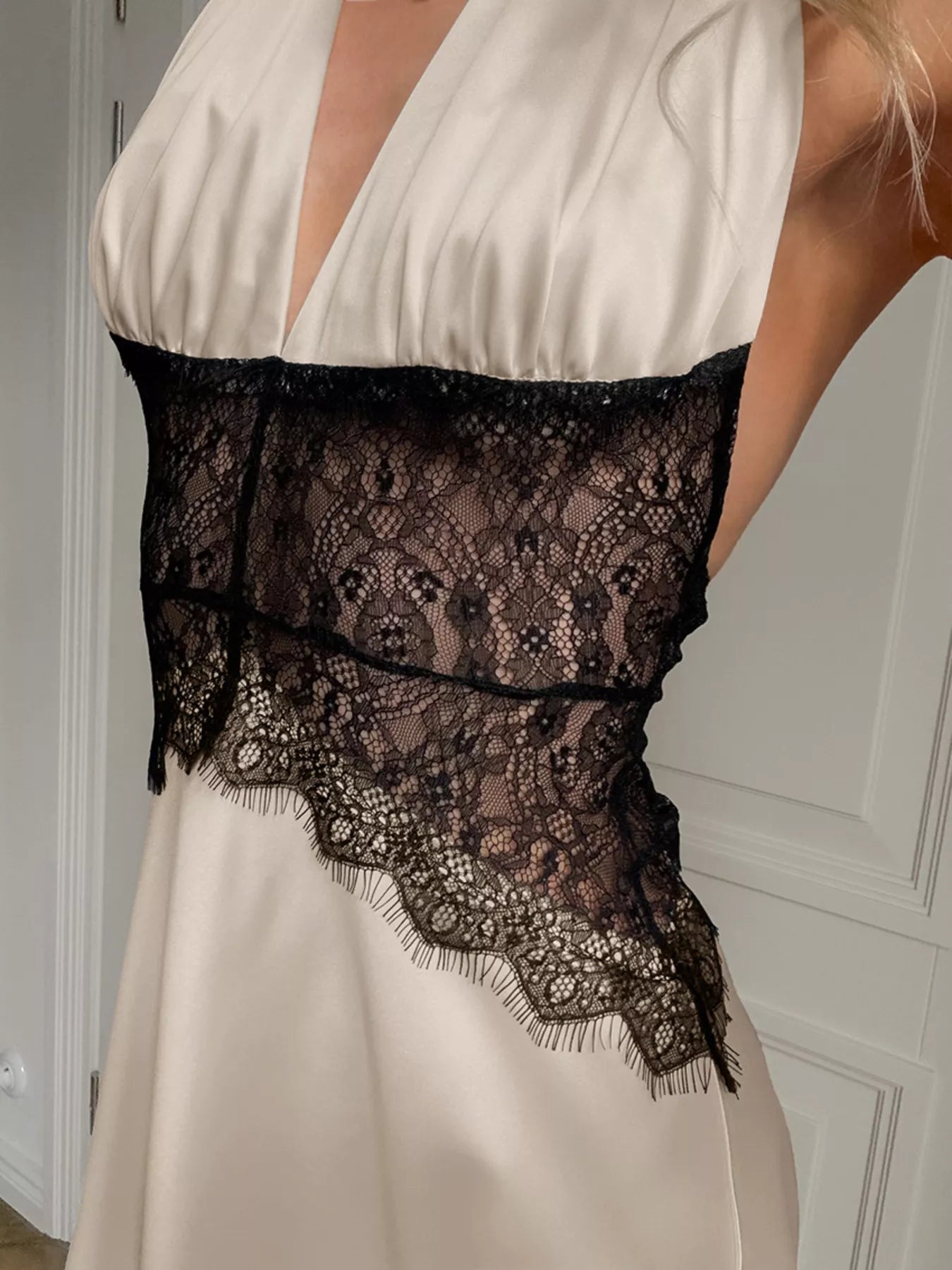 Trendsi Halter Neck Lace Waist Maxi Dress -