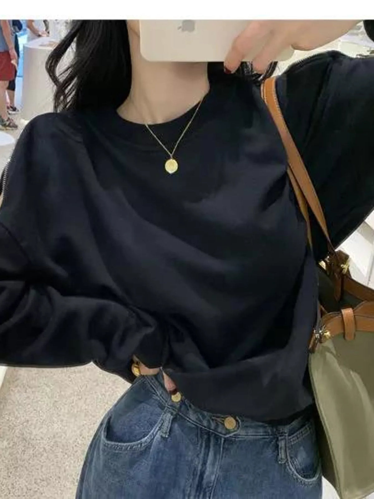 Women's Cold-Shoulder Zipper Detail Sweatshirt in black — front view