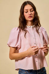 Trendsi SO ME Gingham Lace Trim Button Bubble Sleeves Blouse -