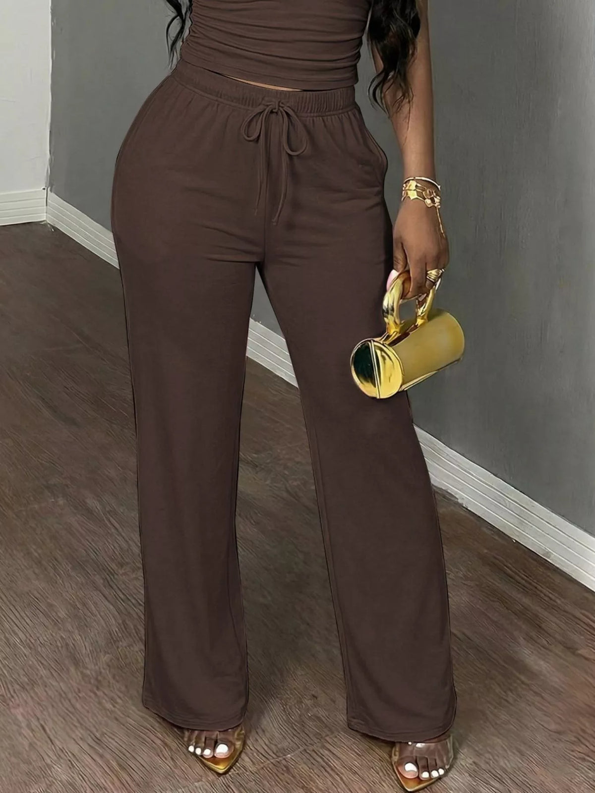 Dark Brown Short Sleeve Top and Wide-Leg Pants Set, pants detail