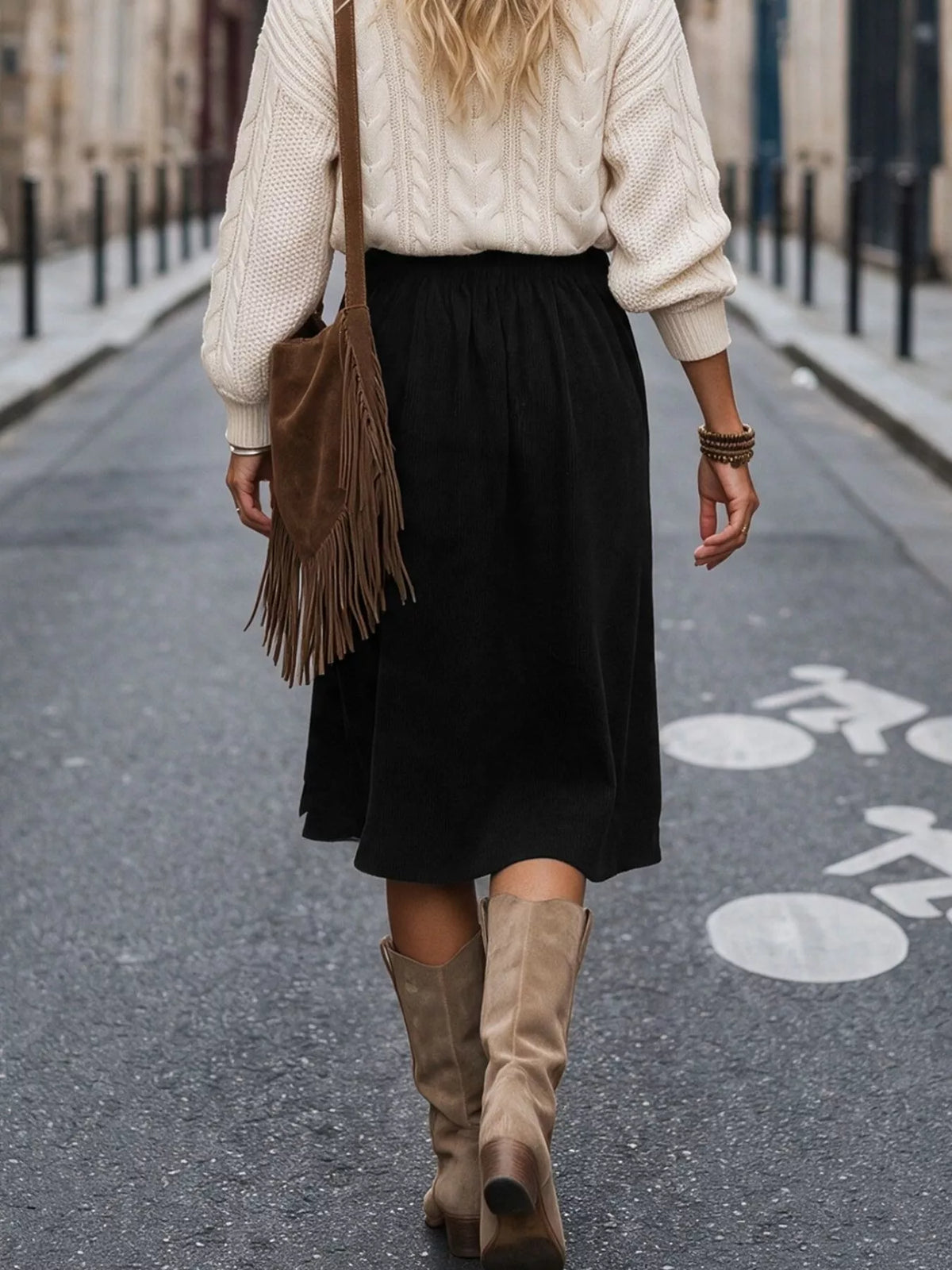 Black corduroy button-front midi skirt, back view