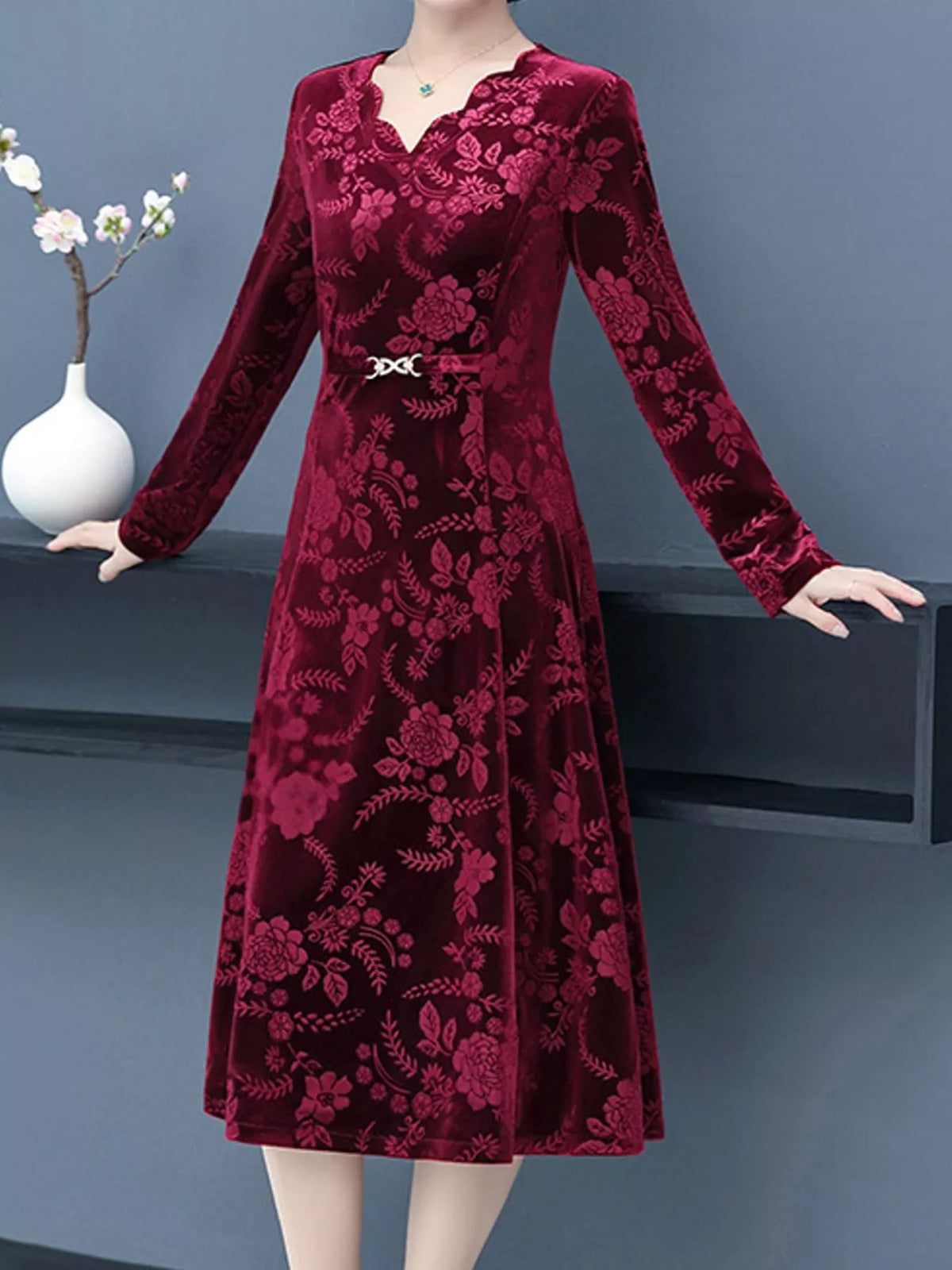 V-neck long sleeve midi dress, front view on model