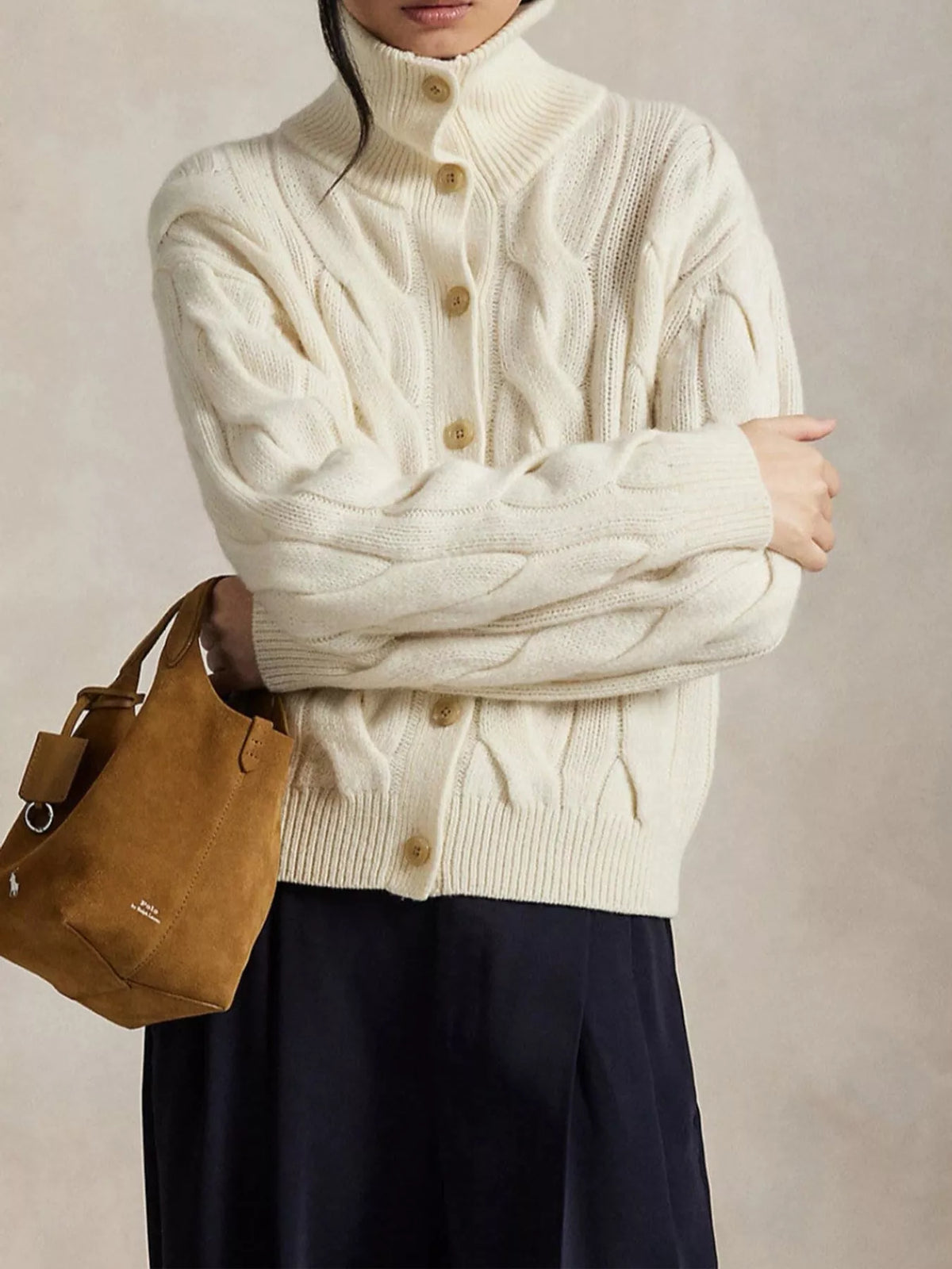 Cream cable knit button-up cardigan
