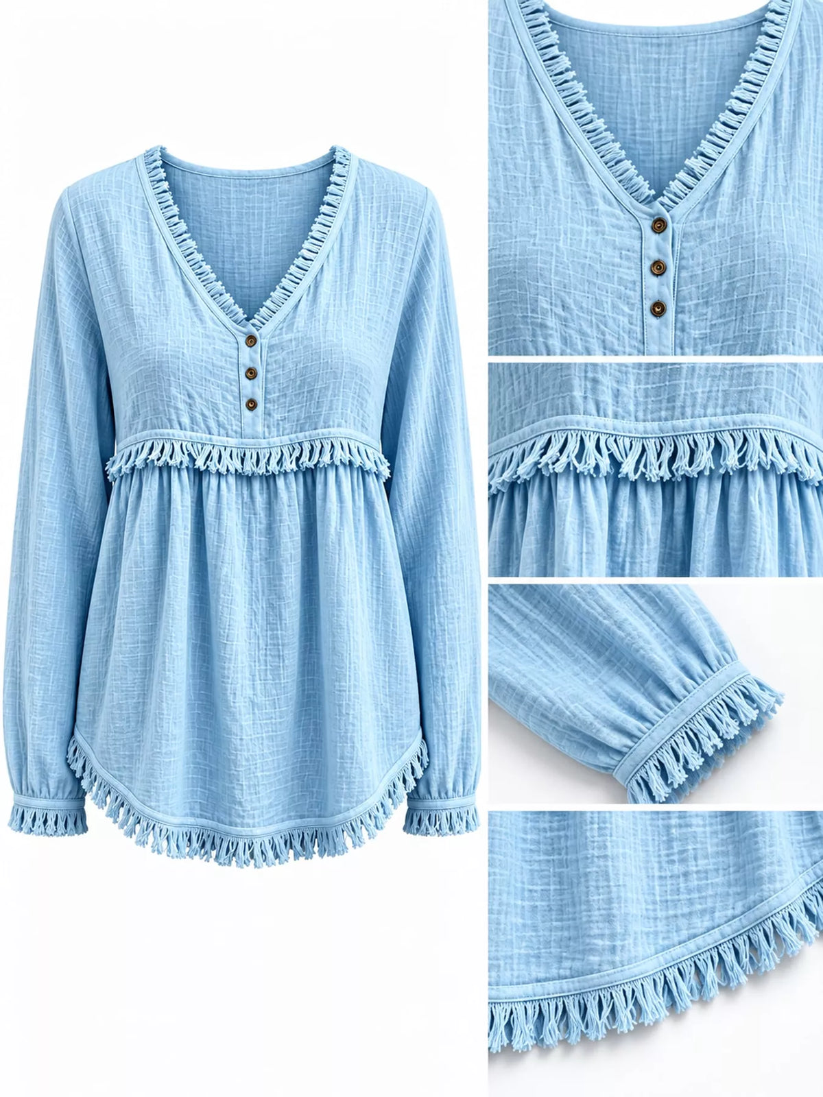Fringe-trim blouse, light blue detail collage