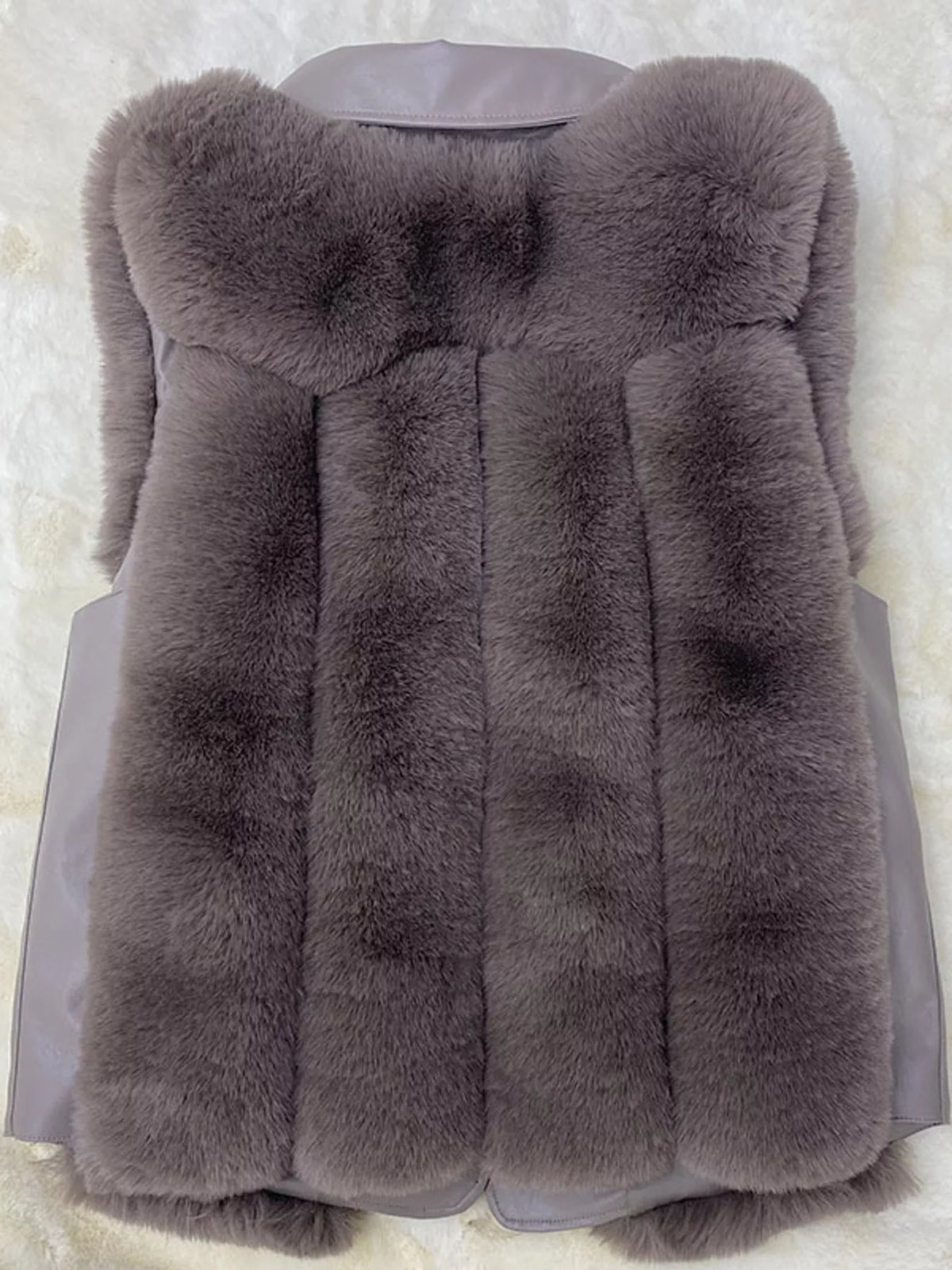 Faux Fur Snap Down Vest Coat, back view in gray