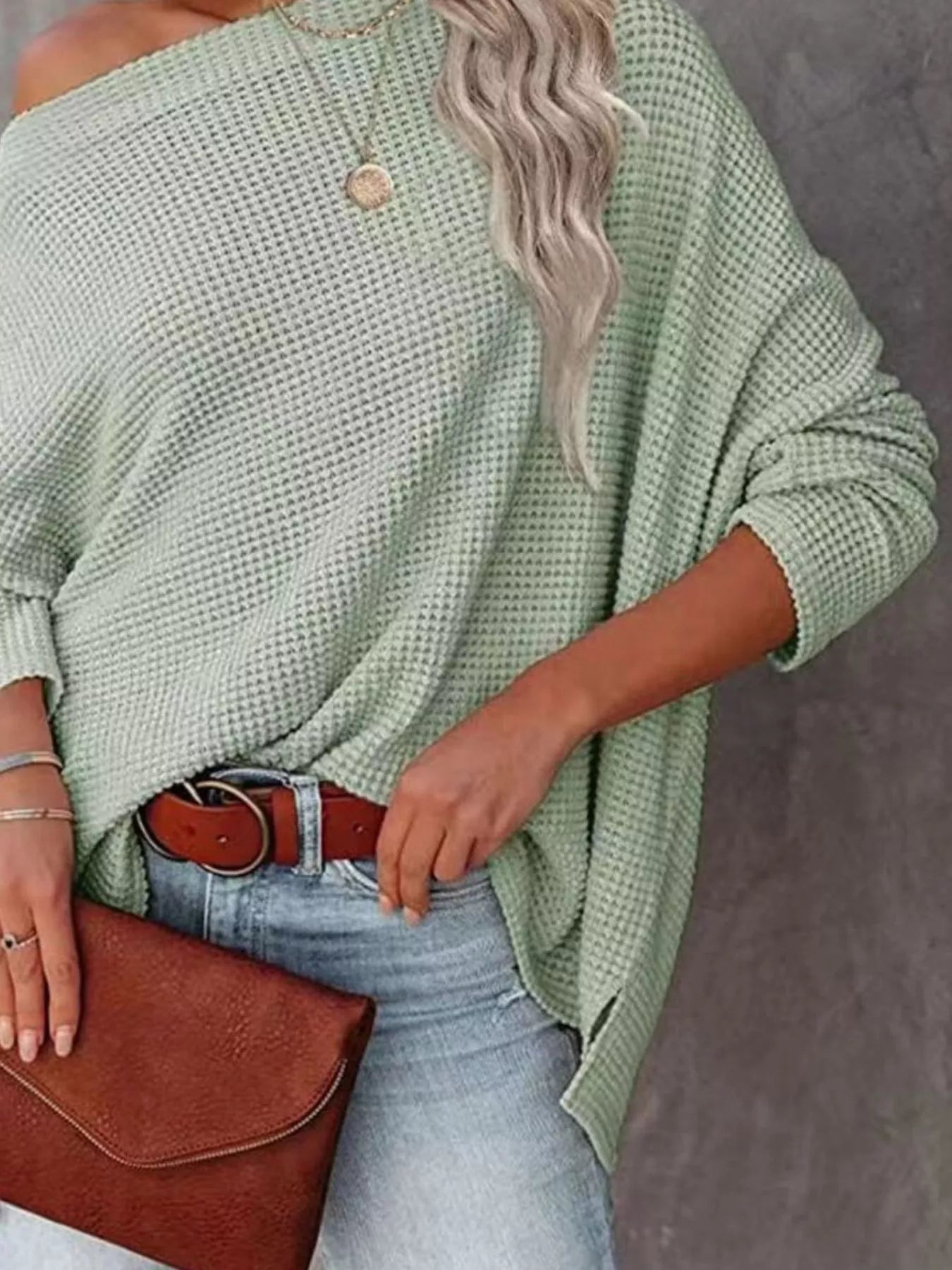 Trendsi Boat Neck Waffle Knit Top -