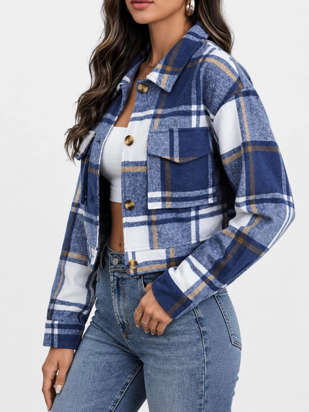 Plaid cropped jacket, navy plaid side