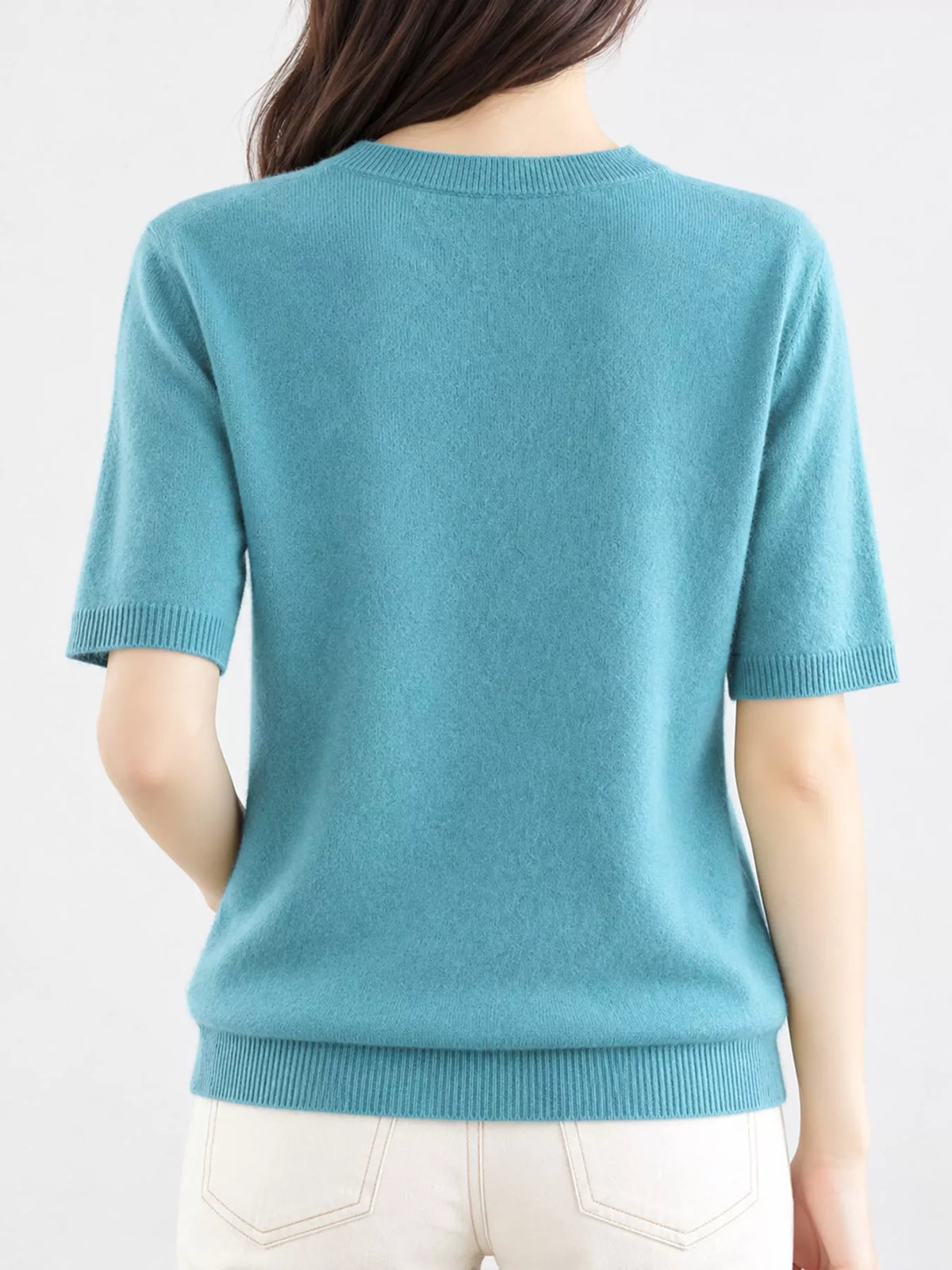 Lake Green round neck short-sleeve sweater, back view