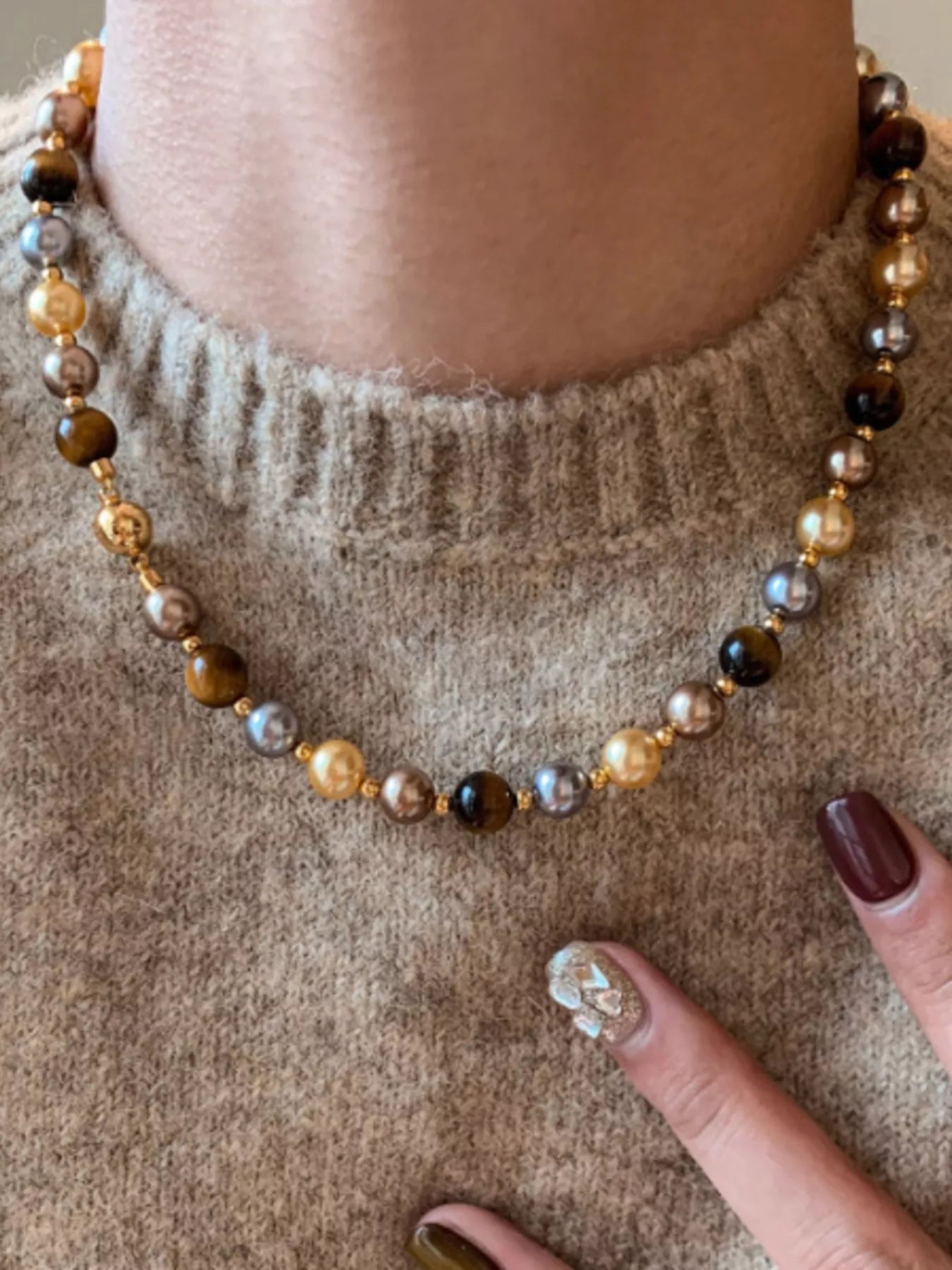 Women's Tiger Eye Synthetic Pearl Beaded Necklace Magnetic Clasp
