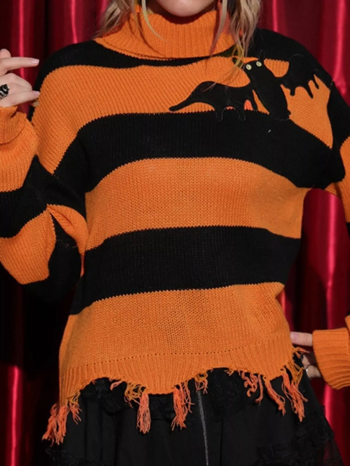 Trendsi Halloween Bat Graphic Striped Turtleneck Raw Hem Sweater -