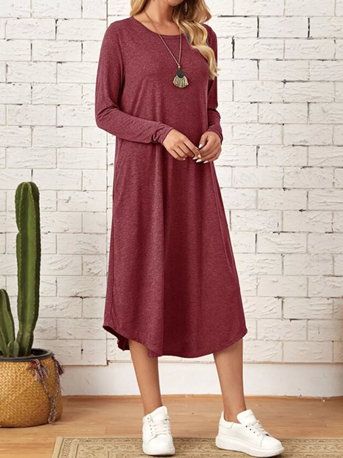Round neck long sleeve midi dress, front view on model