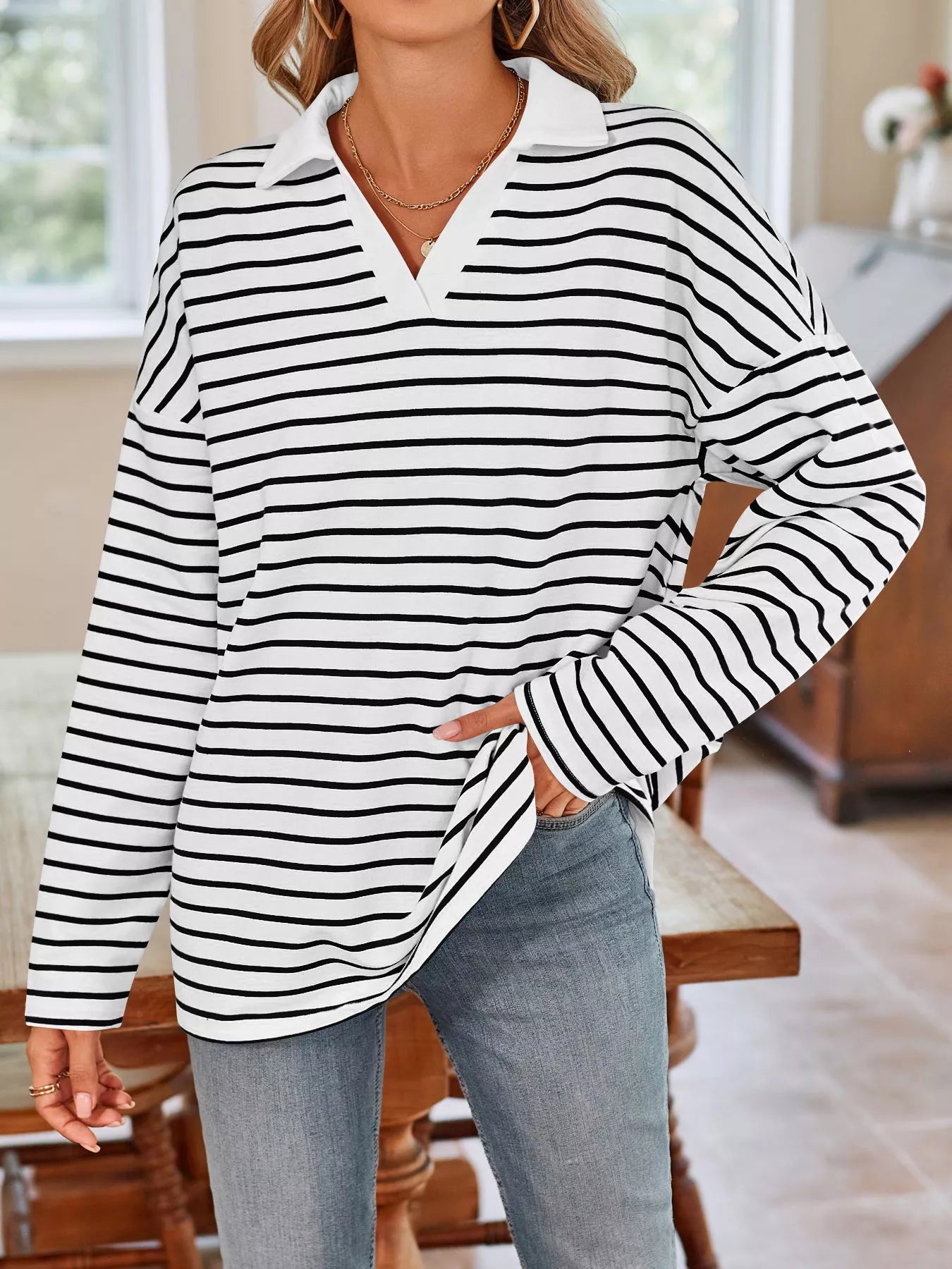 Trendsi Oversized Striped Johnny Collar T-Shirt -