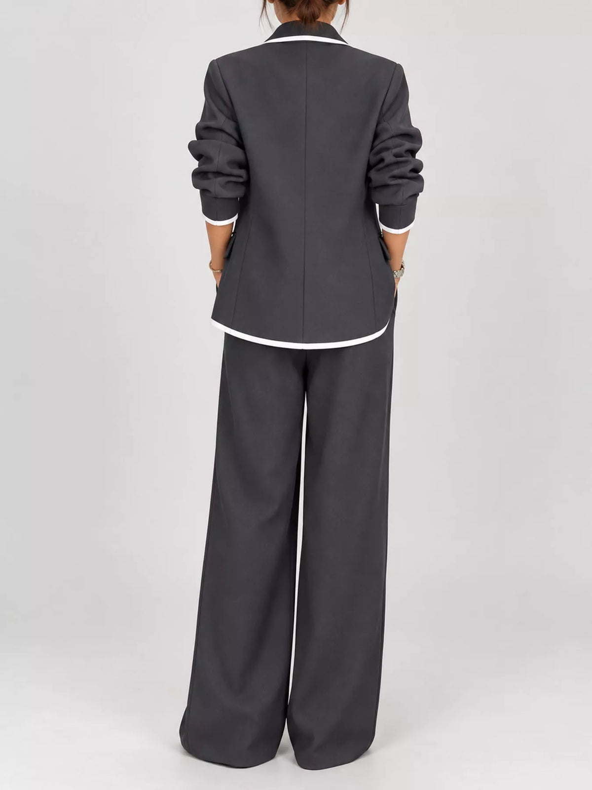 Dark Gray contrast-trim blazer and wide-leg pants set, back view