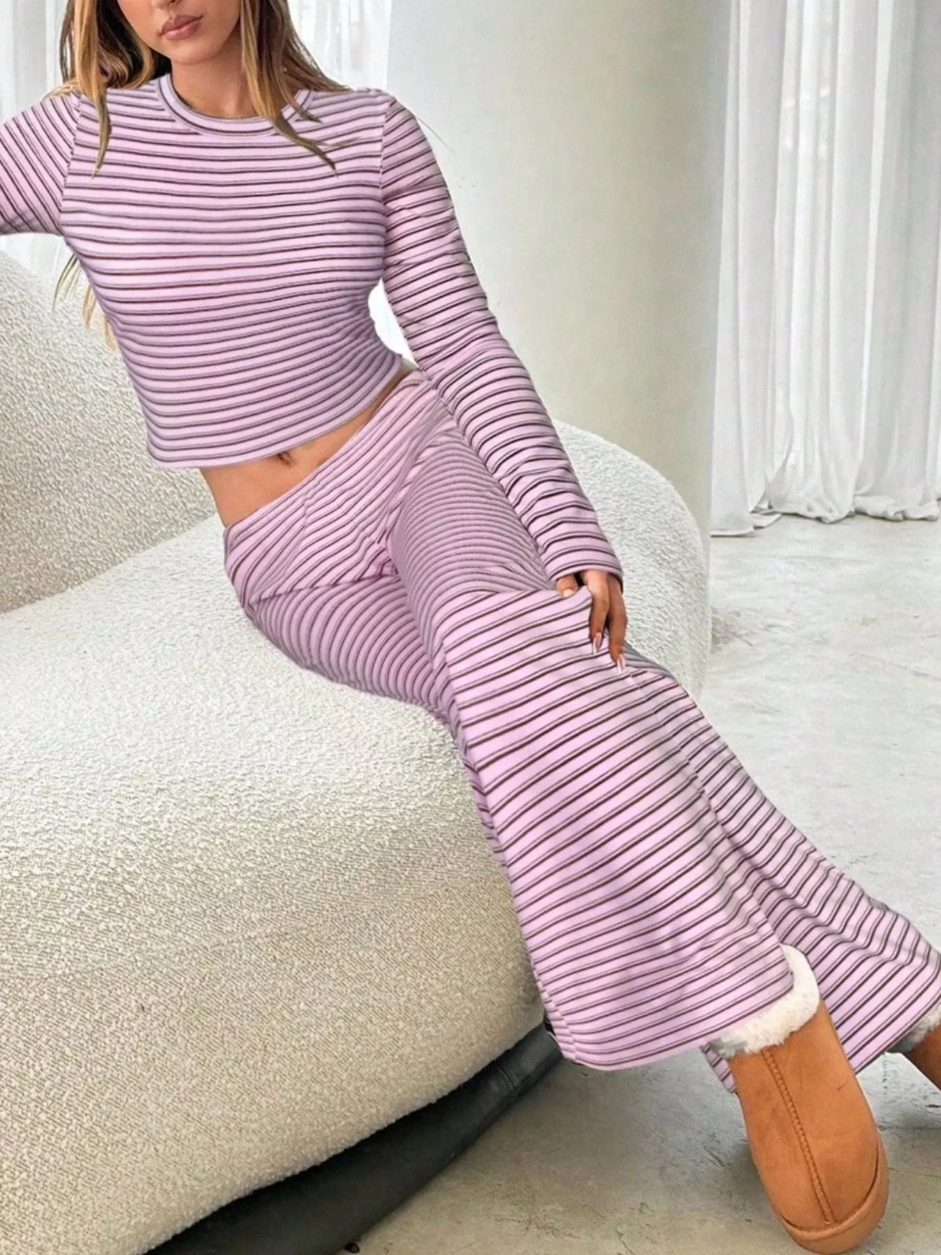 Trendsi Striped Long Sleeve Crop Top and Wide Leg Pants Two-Piece Set -