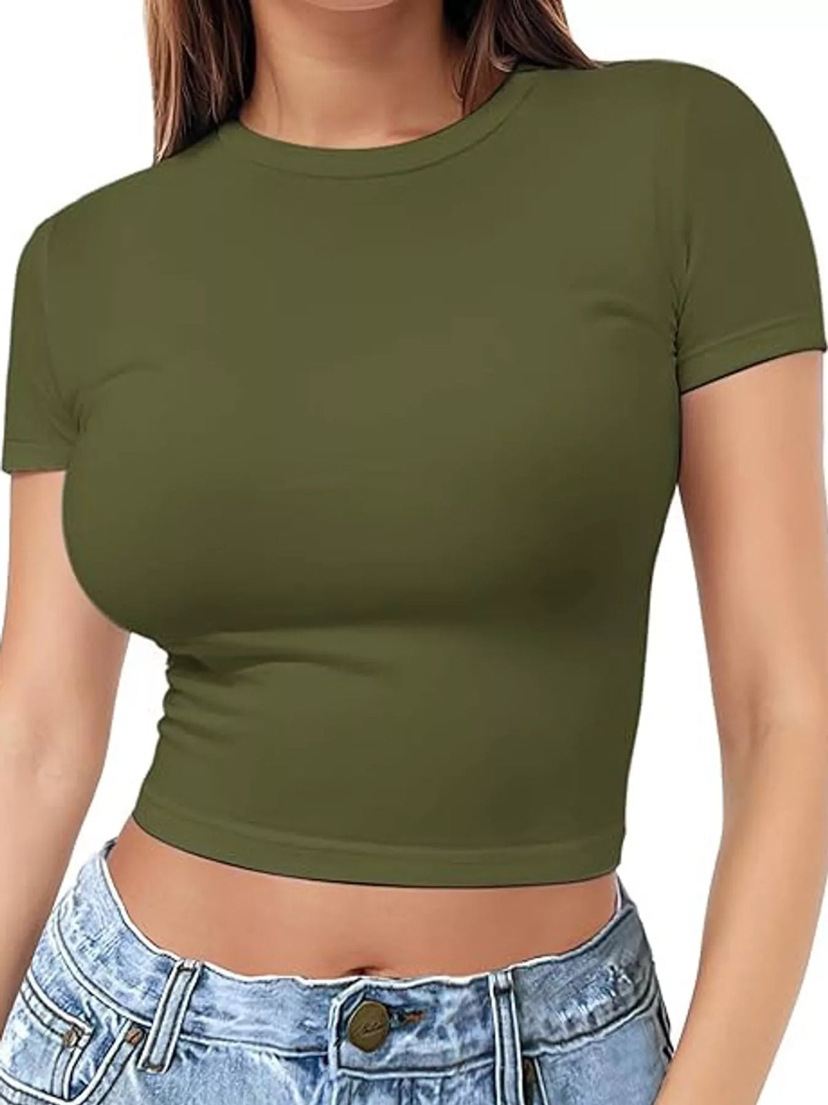 Olive green crew neck crop T-shirt, front view