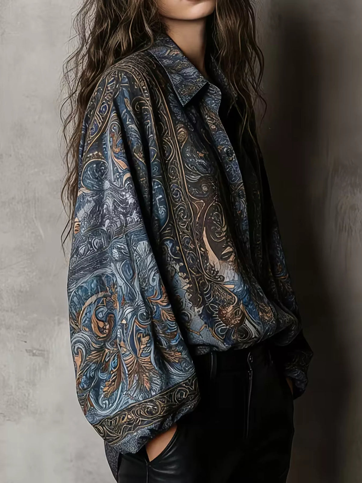 Navy printed blouse, side view