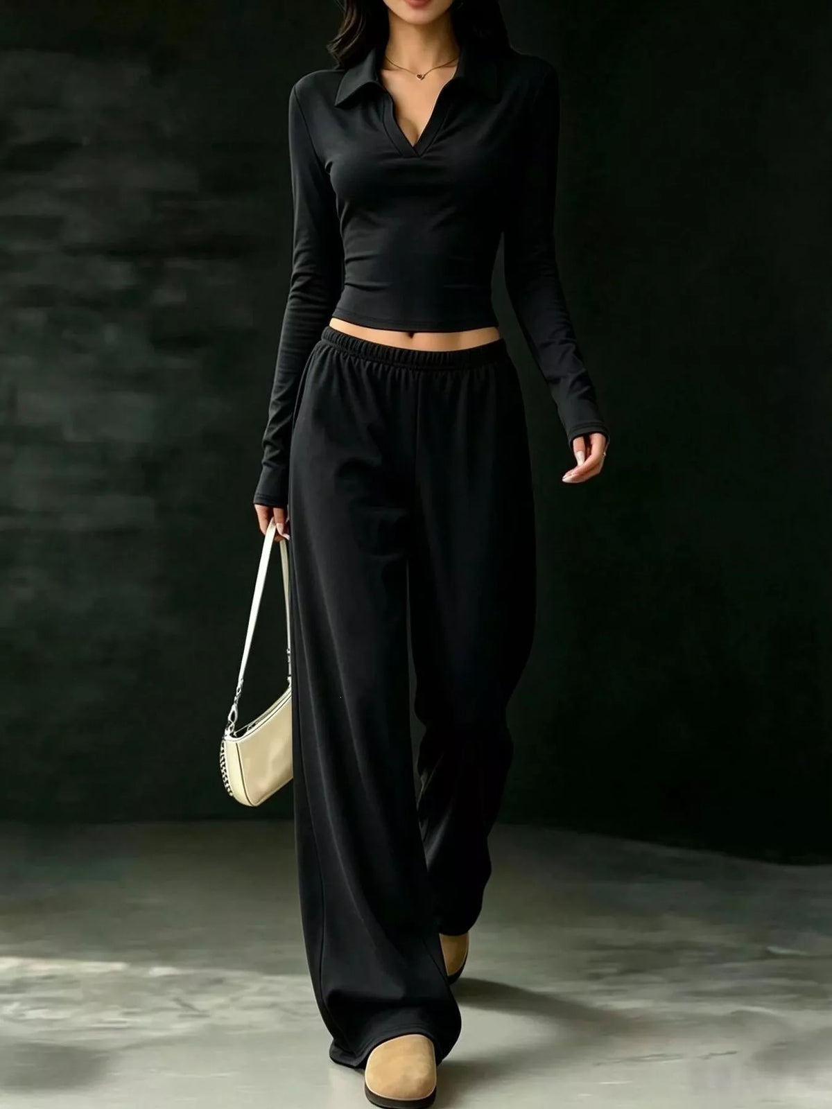 Black collared crop top and wide-leg pants set, front view