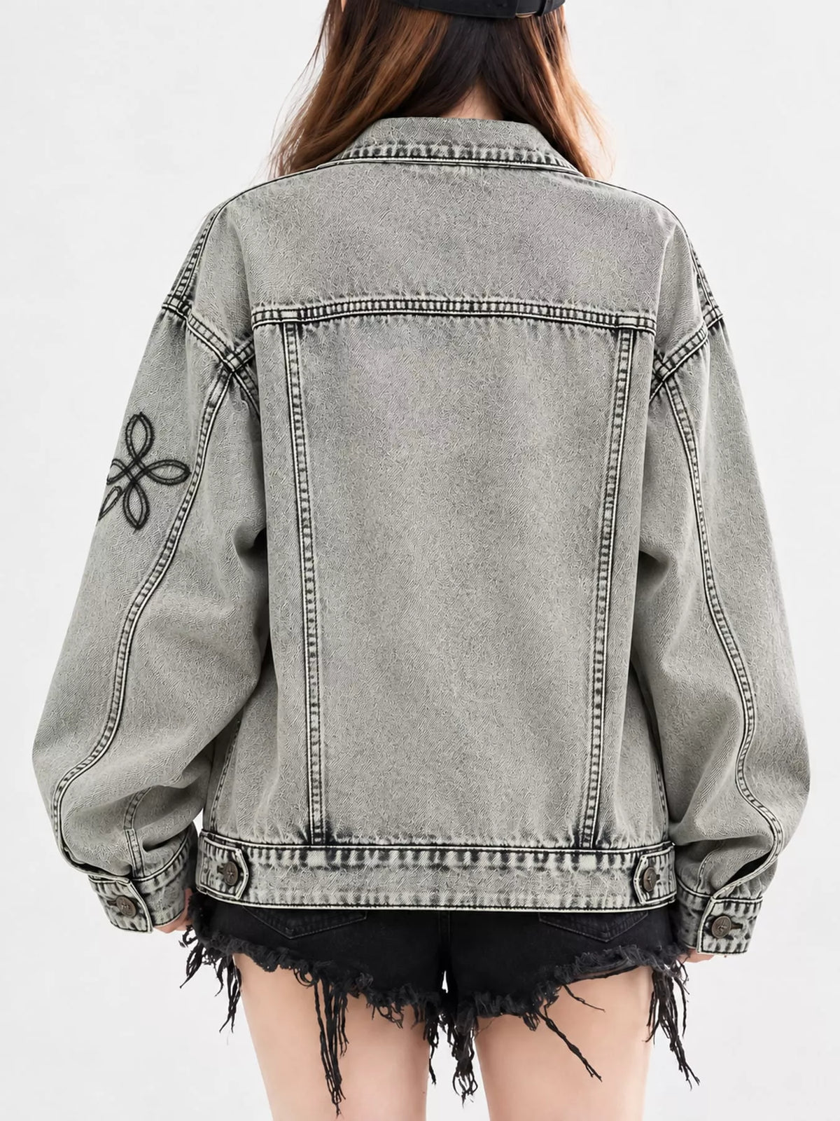 Gray oversized button up denim jacket, back view