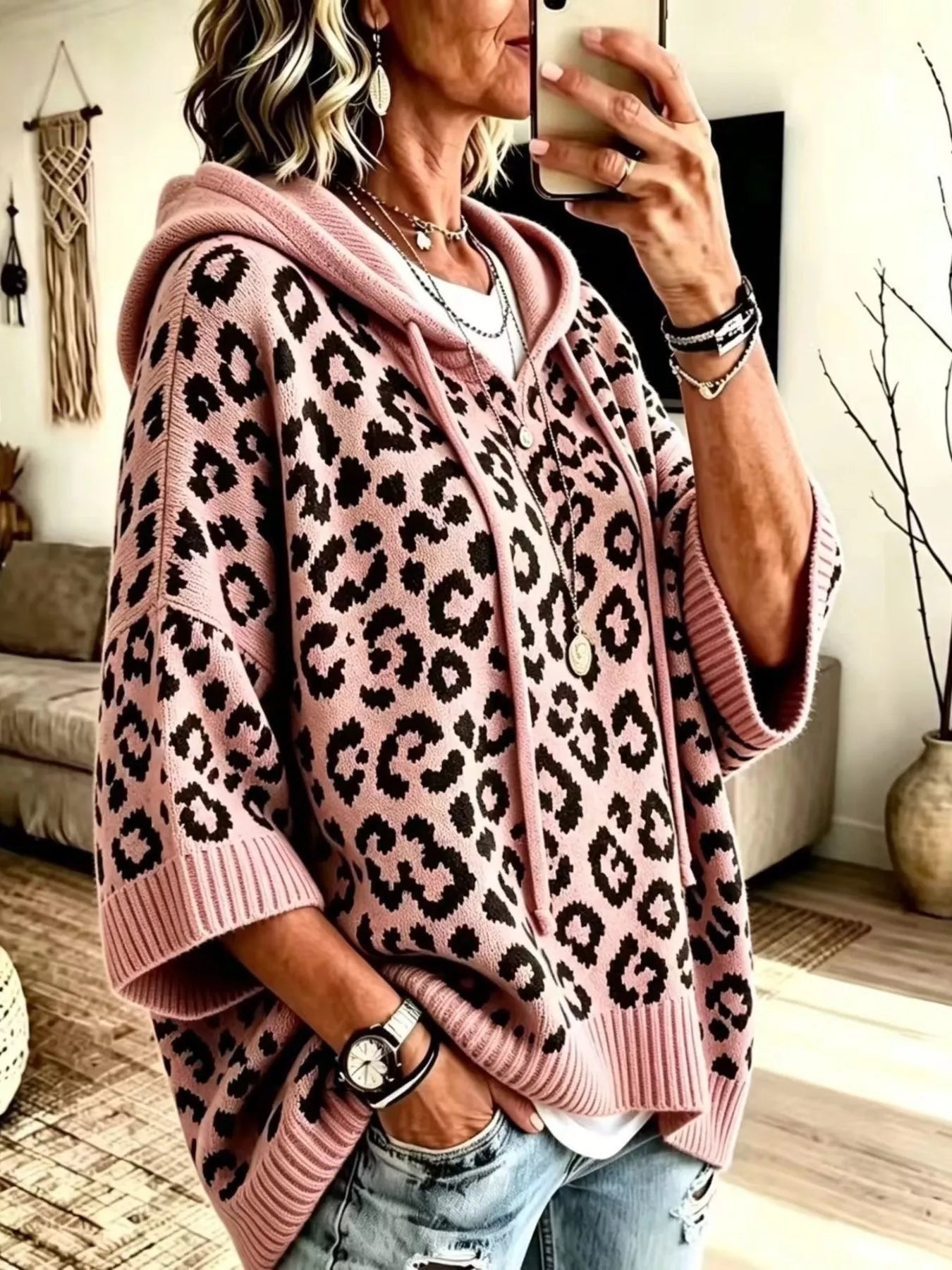 Trendsi Drawstring Leopard Hooded Sweater -
