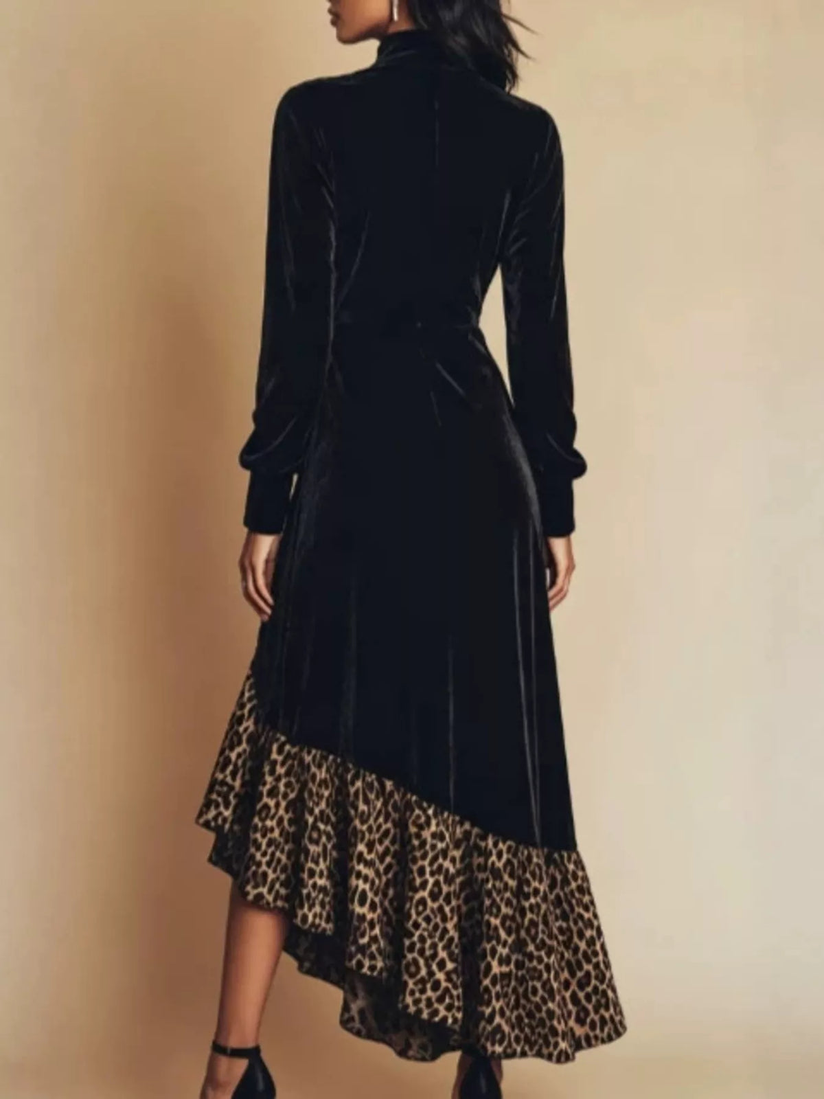 Leopard ruffle-hem mock-neck dress