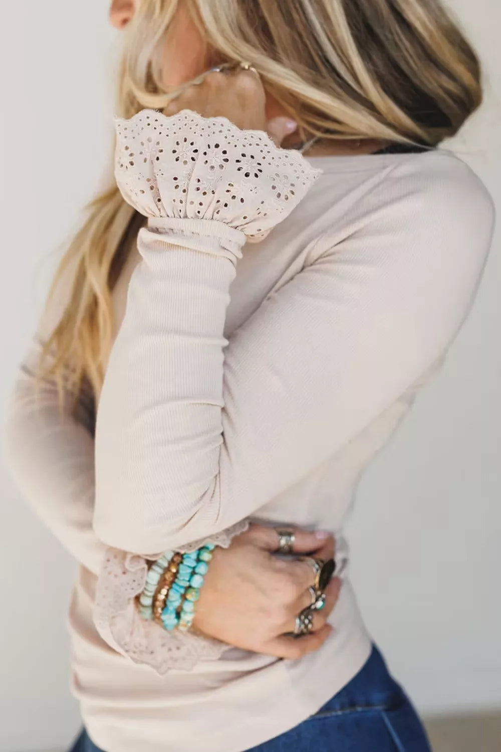 Beige lace-cuff long sleeve top, lace cuff detail