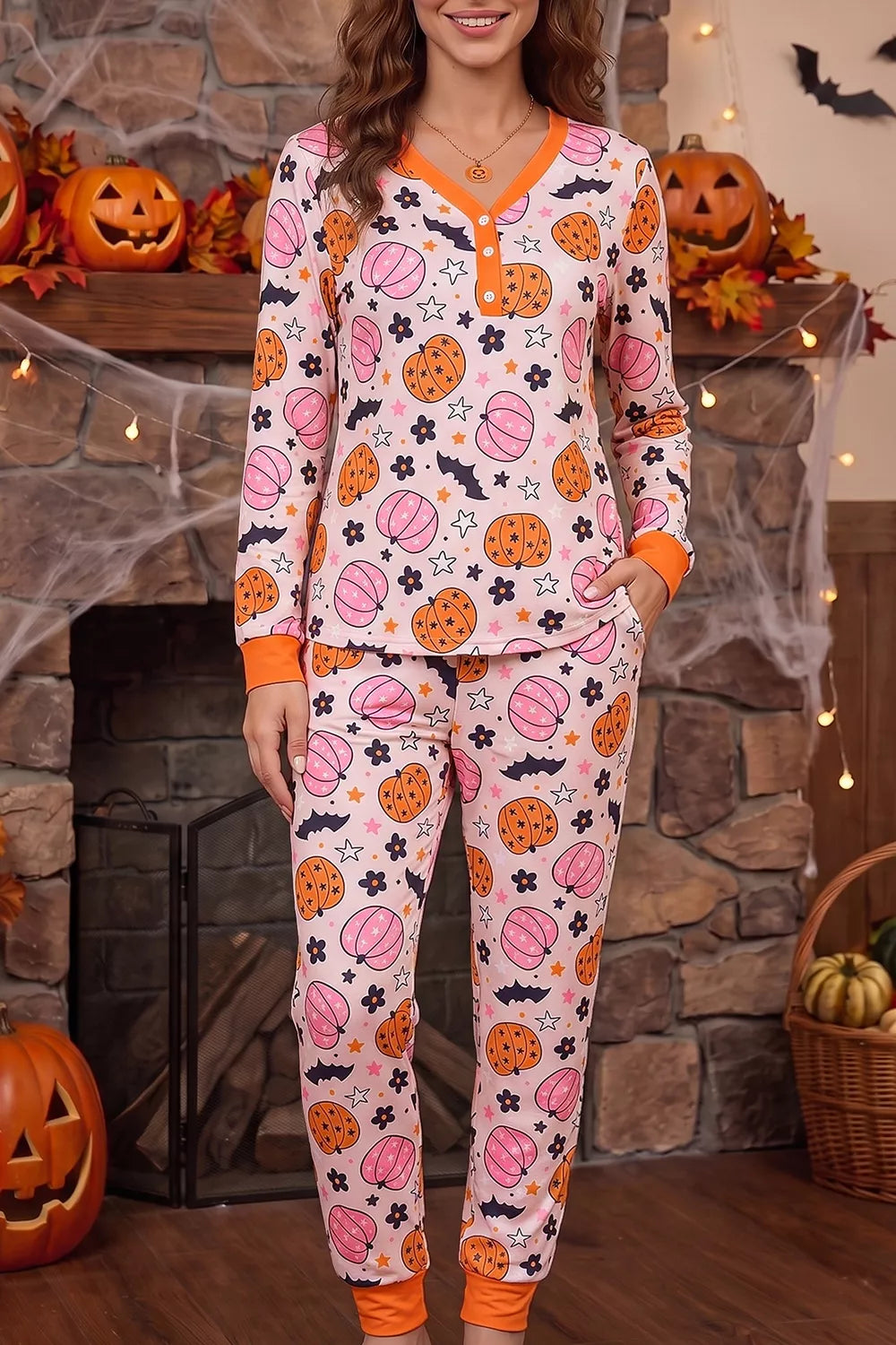 Trendsi Halloween Pumpkin Print Long Sleeve Home Wear Lounge Set -