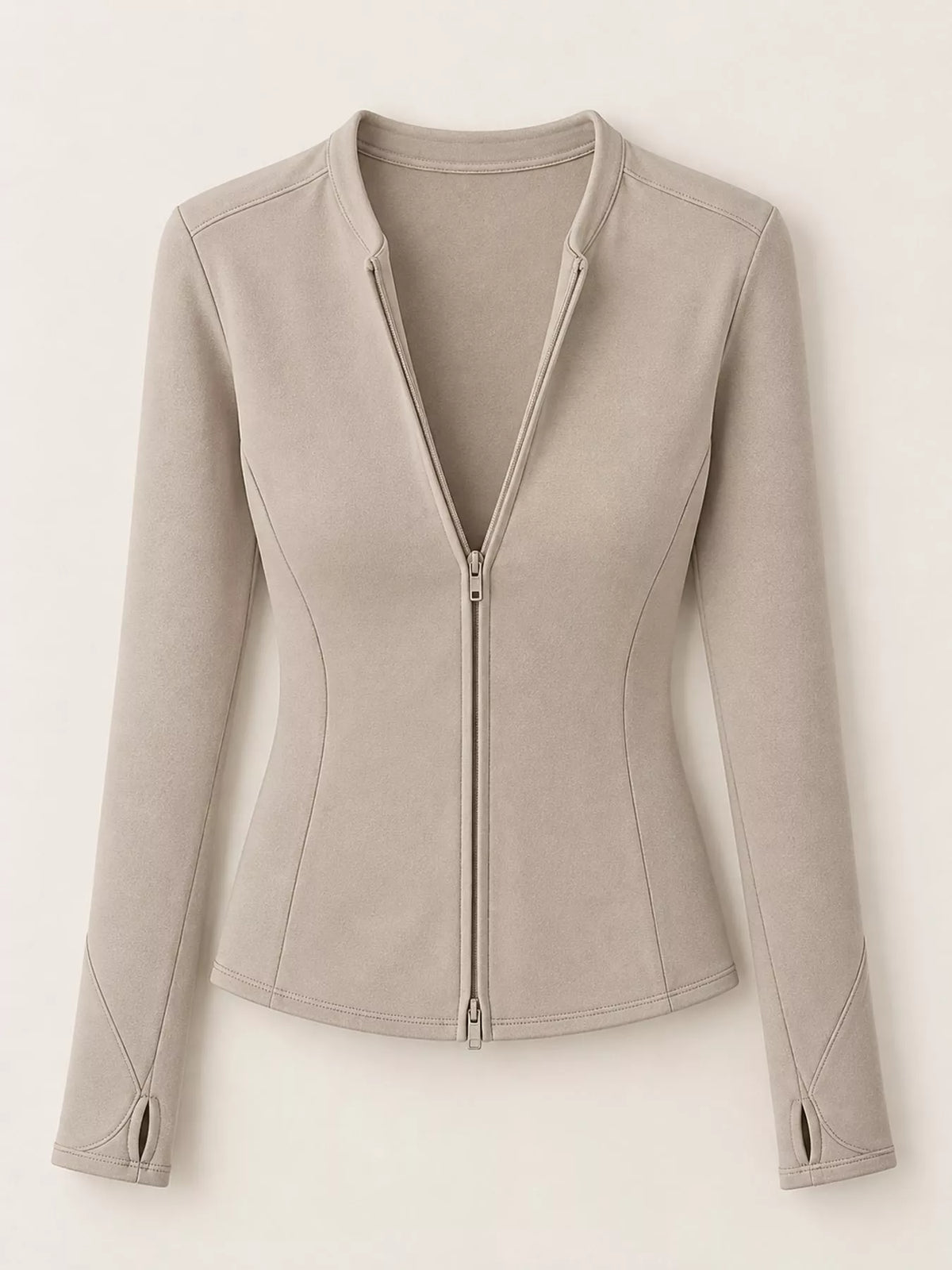 Beige slim-fit zip-up long sleeve jacket — front view